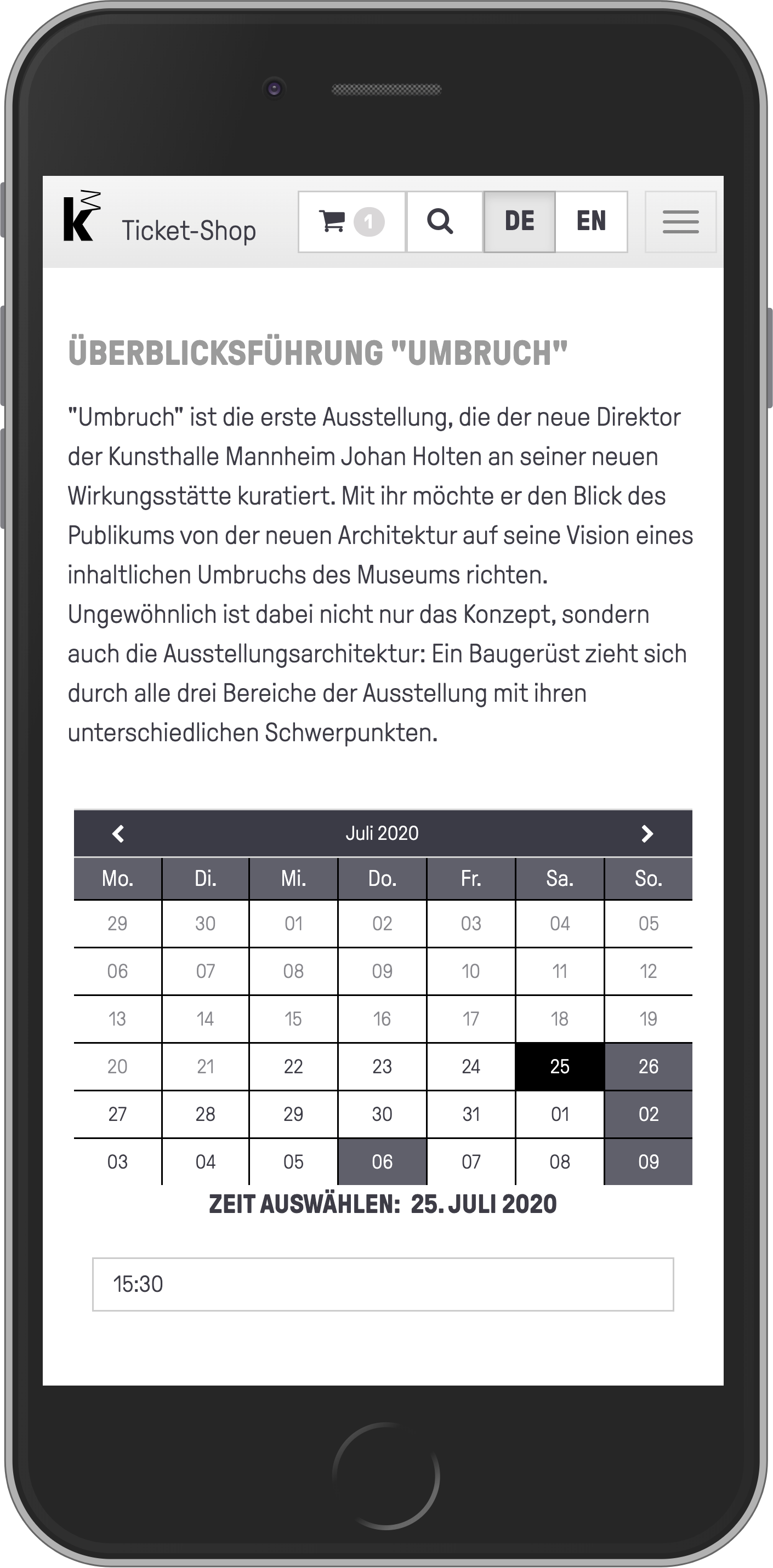 Mobile Ansicht der Startseite des Online-Shops der Kunsthalle Mannheim