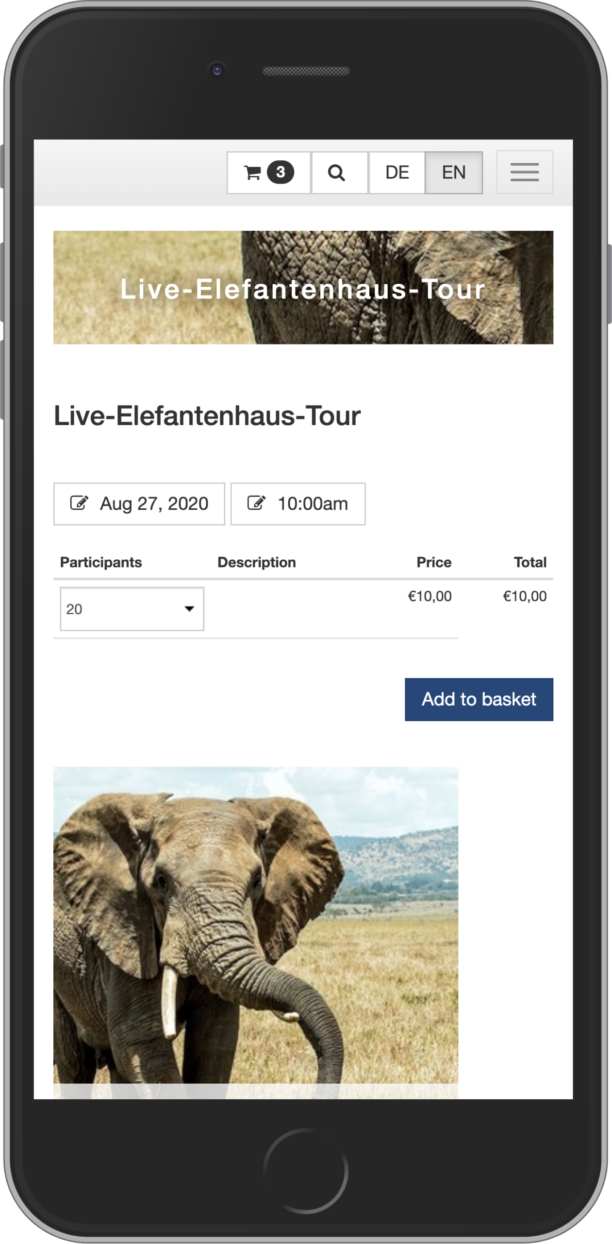 Mobile view of participant selection in group booking process in online shop