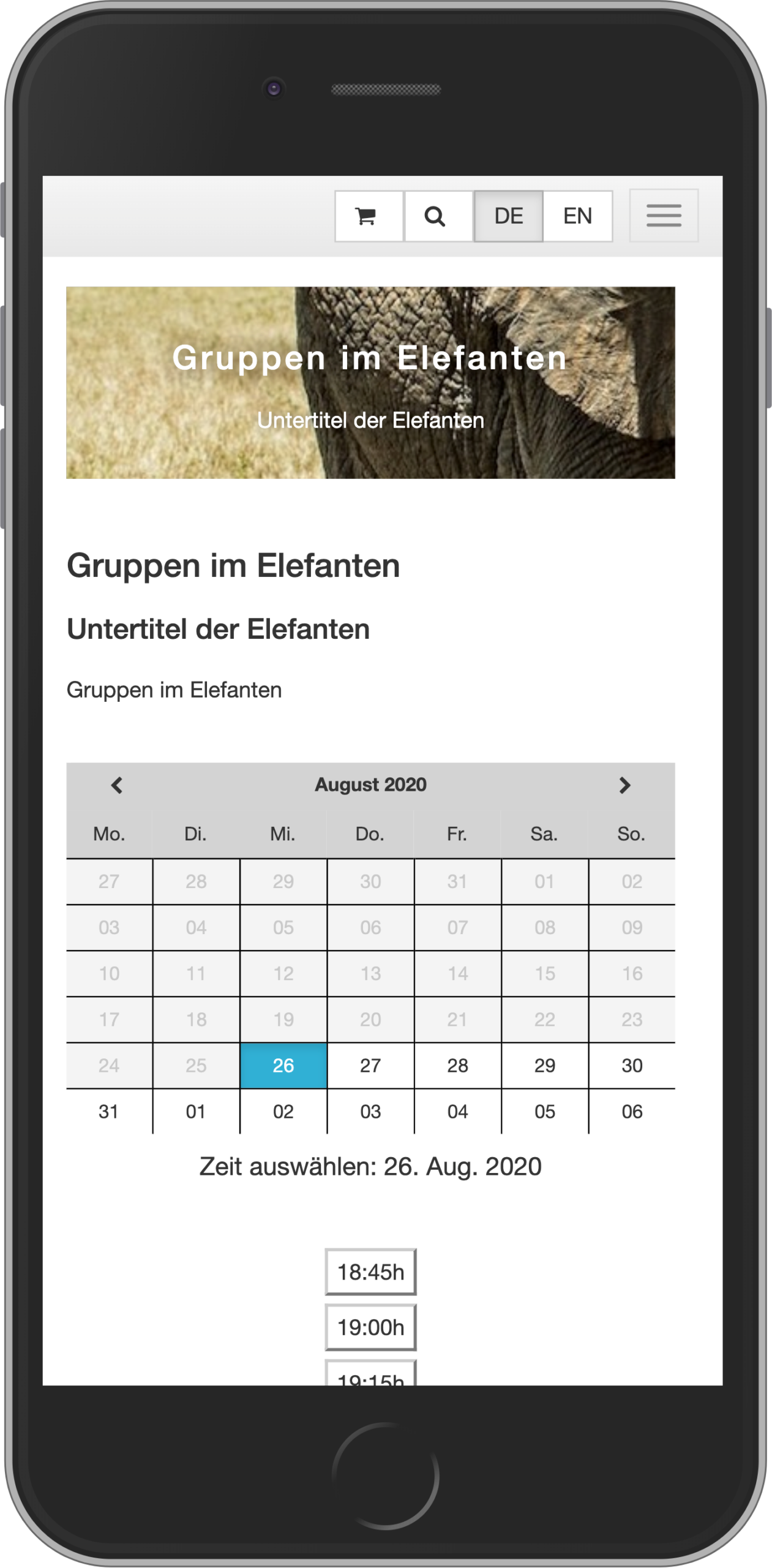Mobile Ansicht der Datums- und Uhrzeitauswahl im Buchungsprozess für Gruppenangebote im Online-Shop