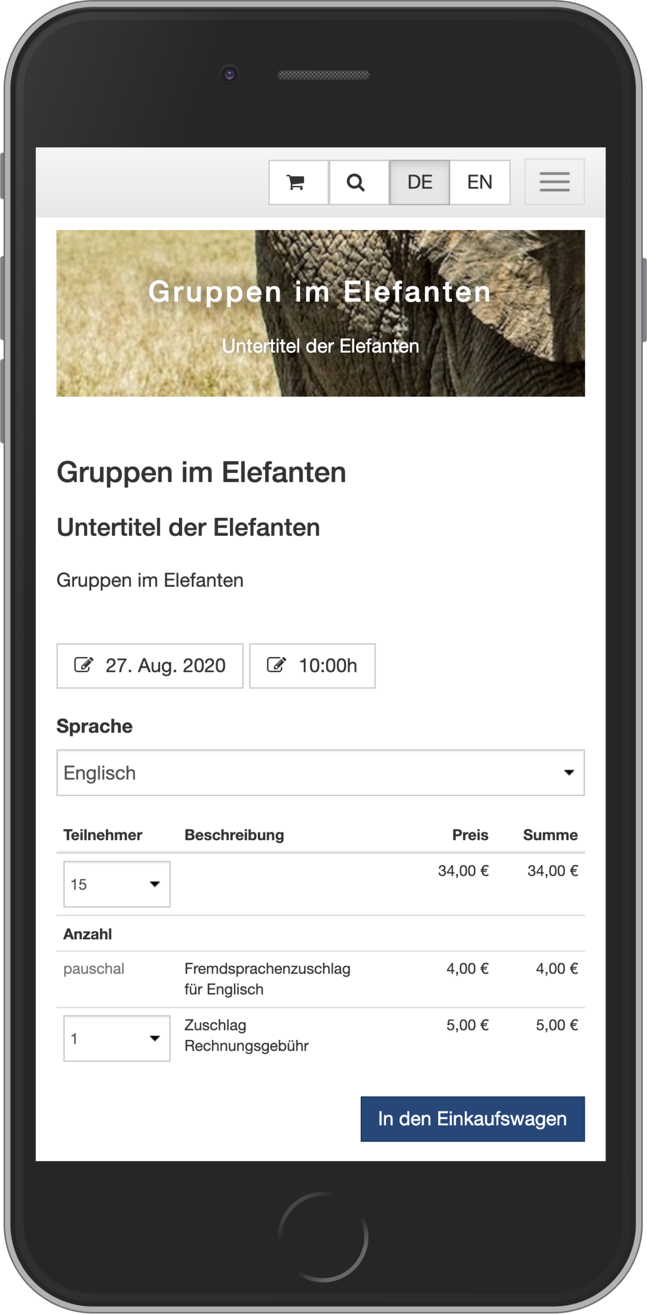 Mobile Ansicht der Eingabe der Teilnehmer im Buchungsprozess für Gruppenangebote im Online-Shop