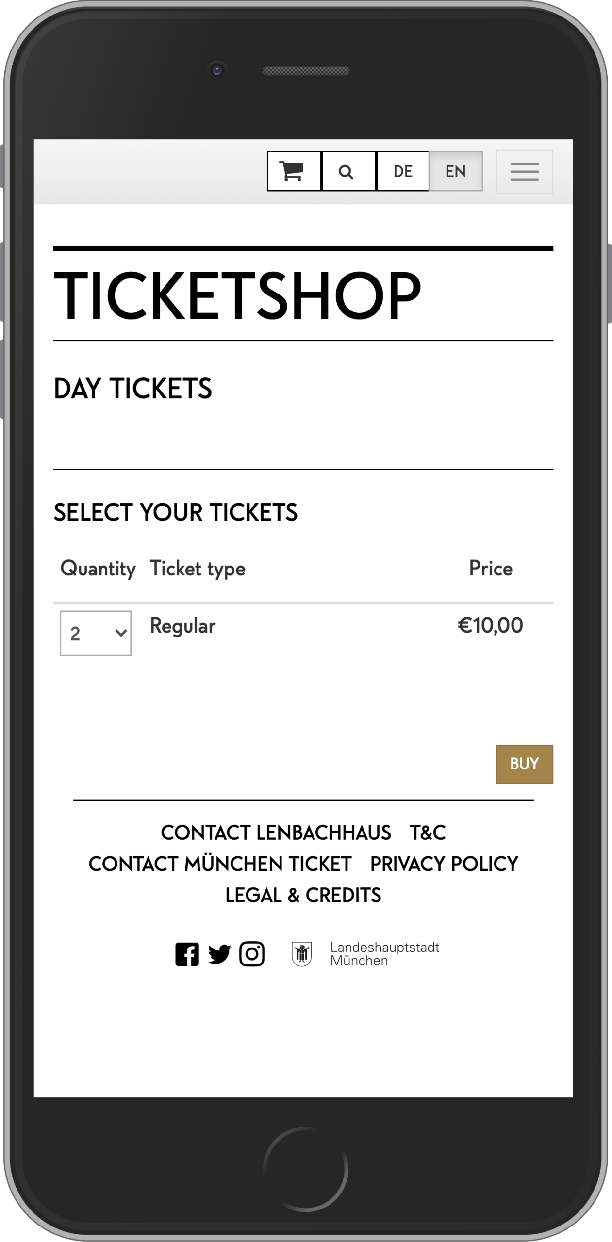 Mobile view of buying process for tickets in online shop of Lenbachhaus Munich