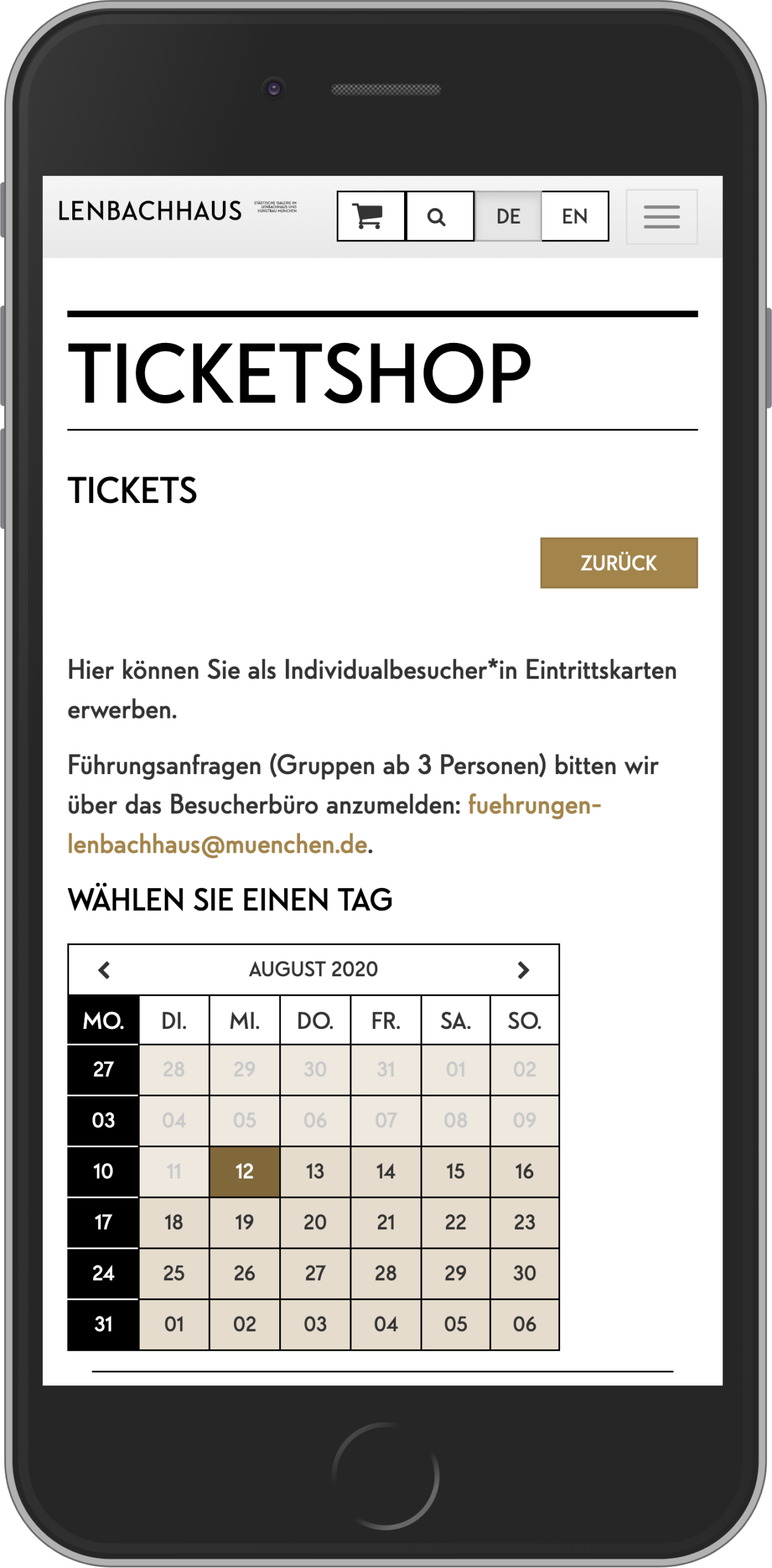 Mobile Ansicht der Datumsauswahl im Ticketkaufvorgang im Online-Shop des Lenbachhaus München