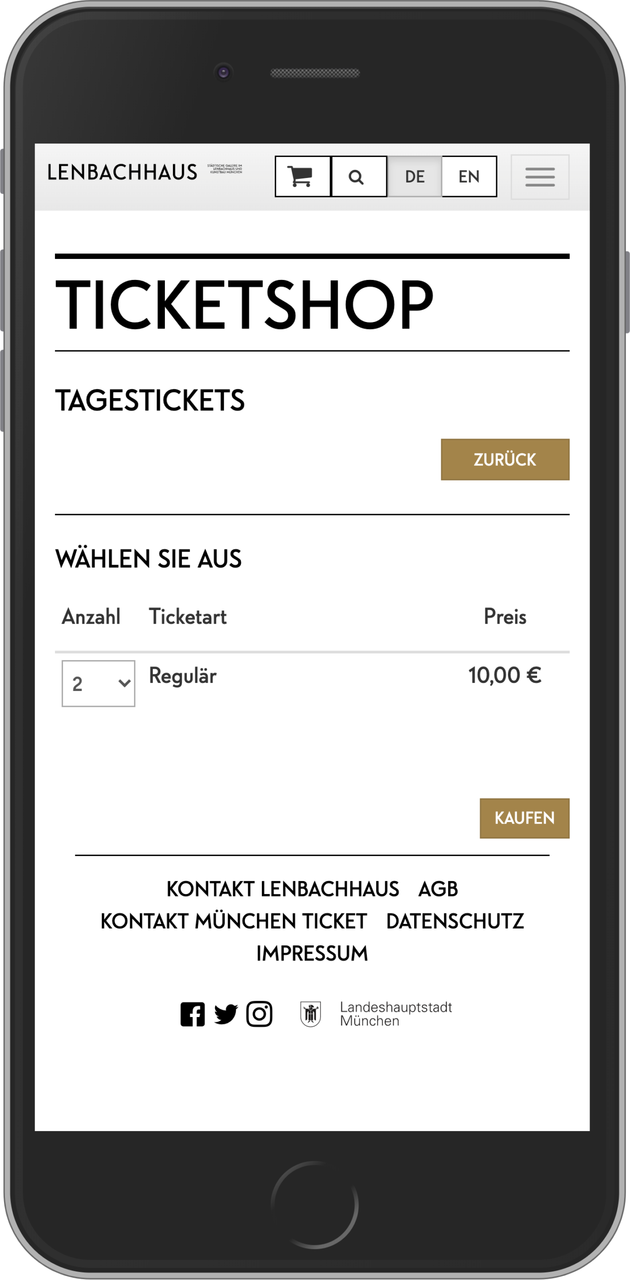 Mobile Ansicht der Ticketauswahl im Ticketkaufvorgang im Online-Shop des Lenbachhaus München