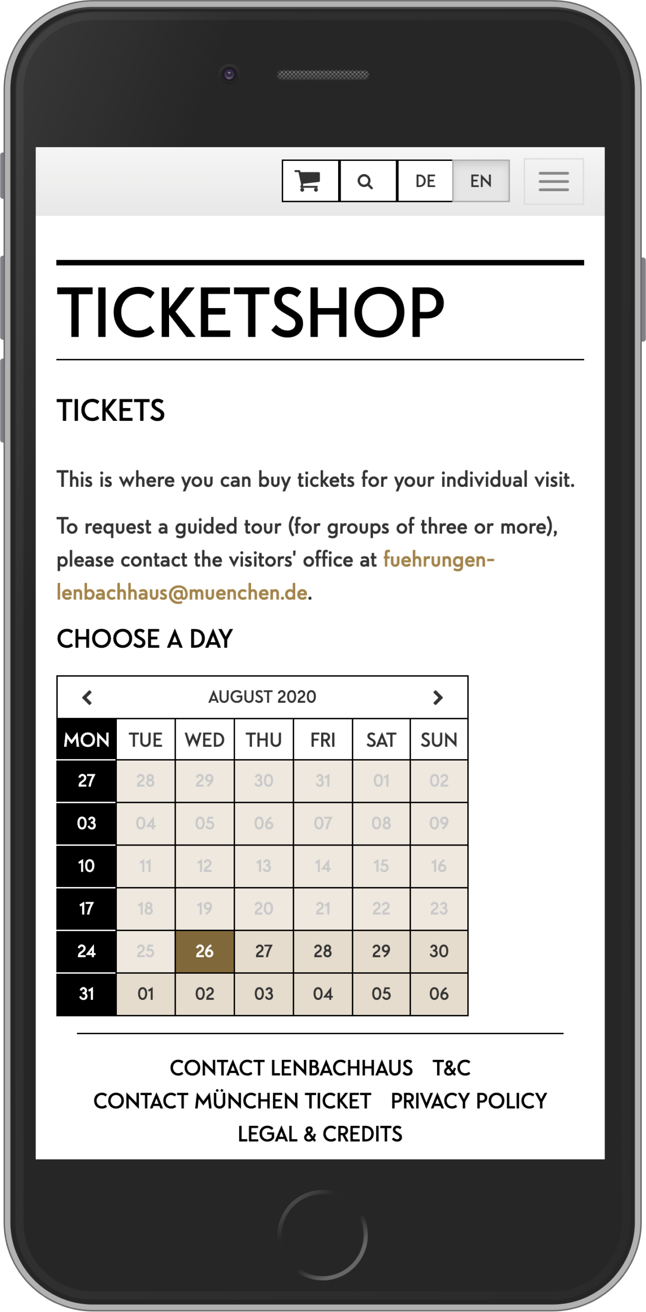 Mobile view of date selection in ticket buying process for tickets in online shop of Lenbachhaus Munich