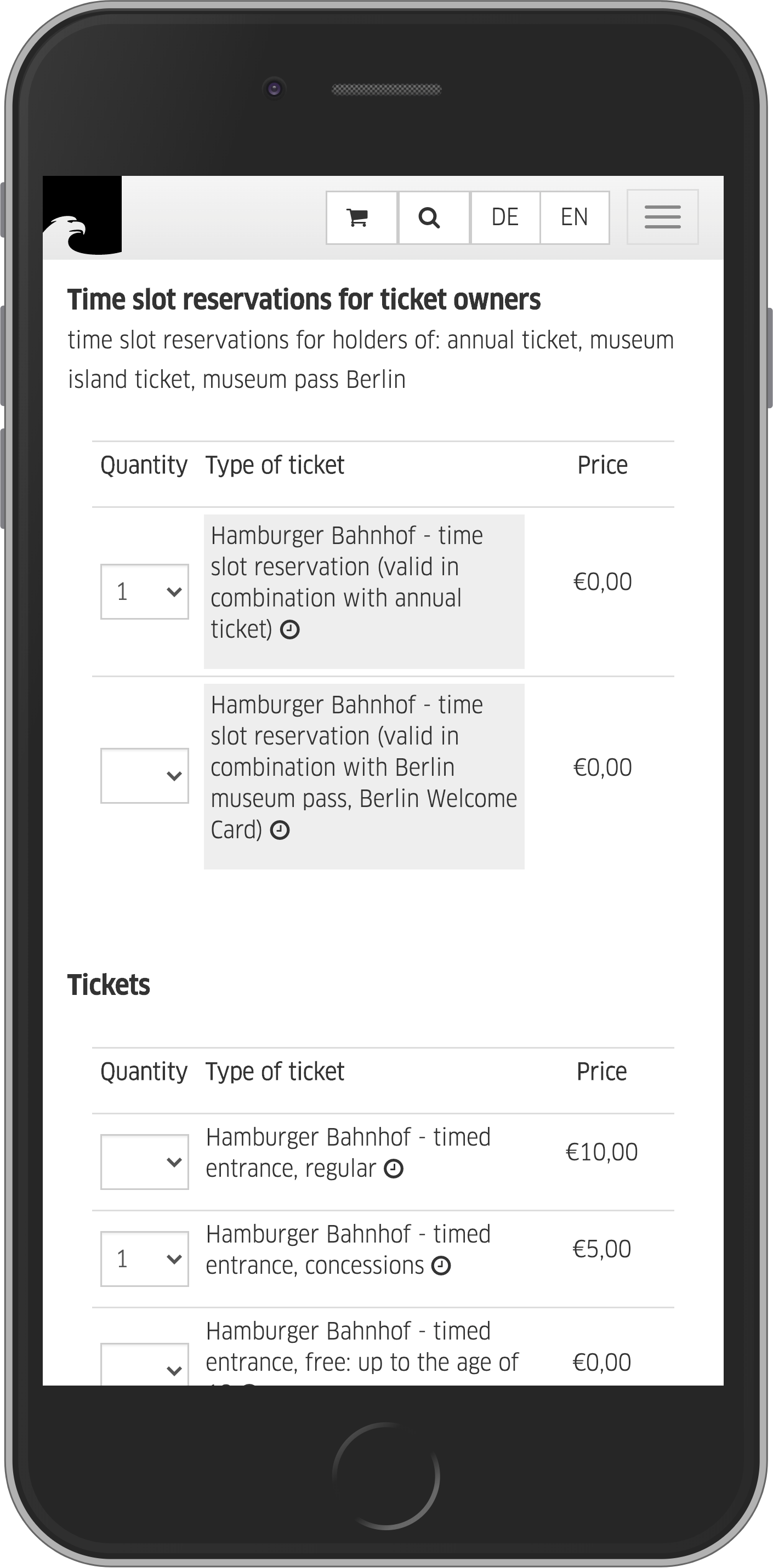 Mobile view of ticket selection in buying process for time slot tickets in online shop of Staatliche Museen zu Berlin (Berlin State Museums)