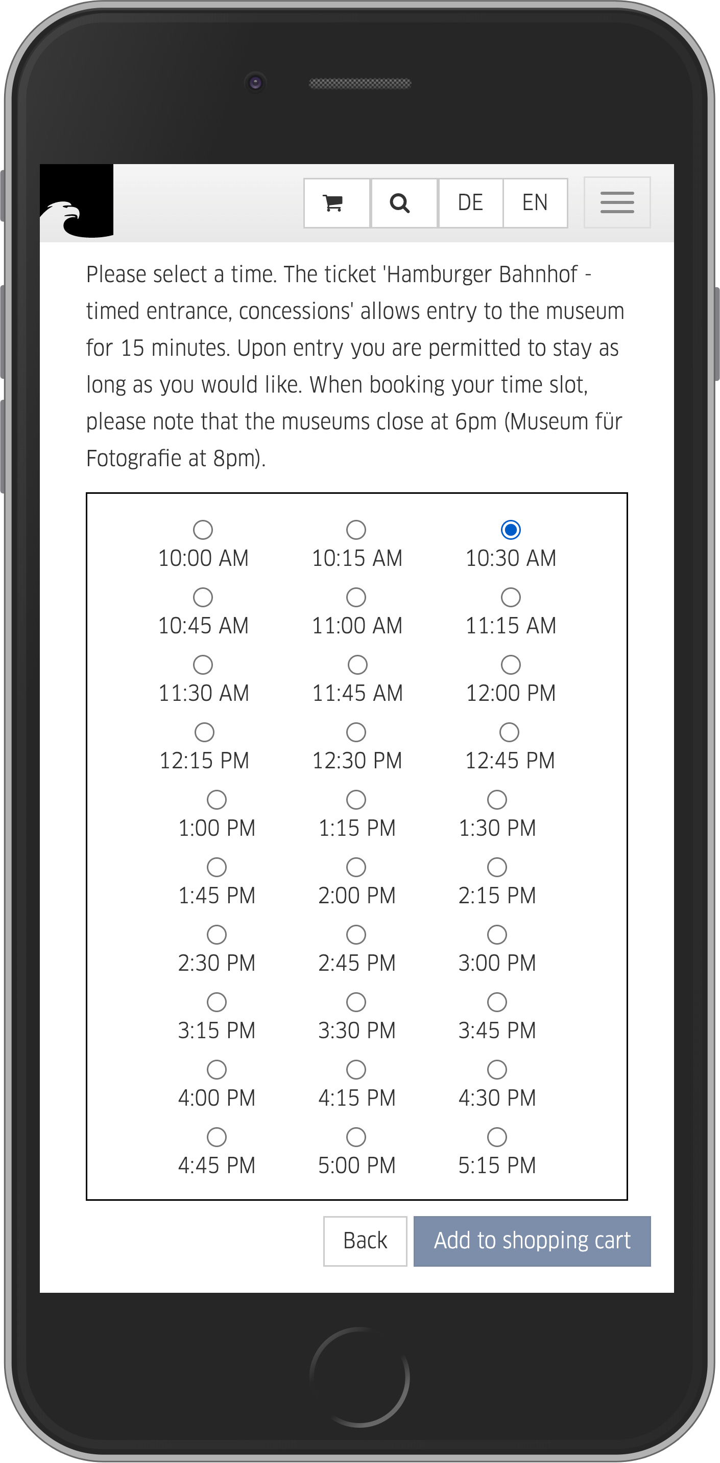 Mobile view of time slot selection in buying process for time slot tickets in online shop of Staatliche Museen zu Berlin (Berlin State Museums)
