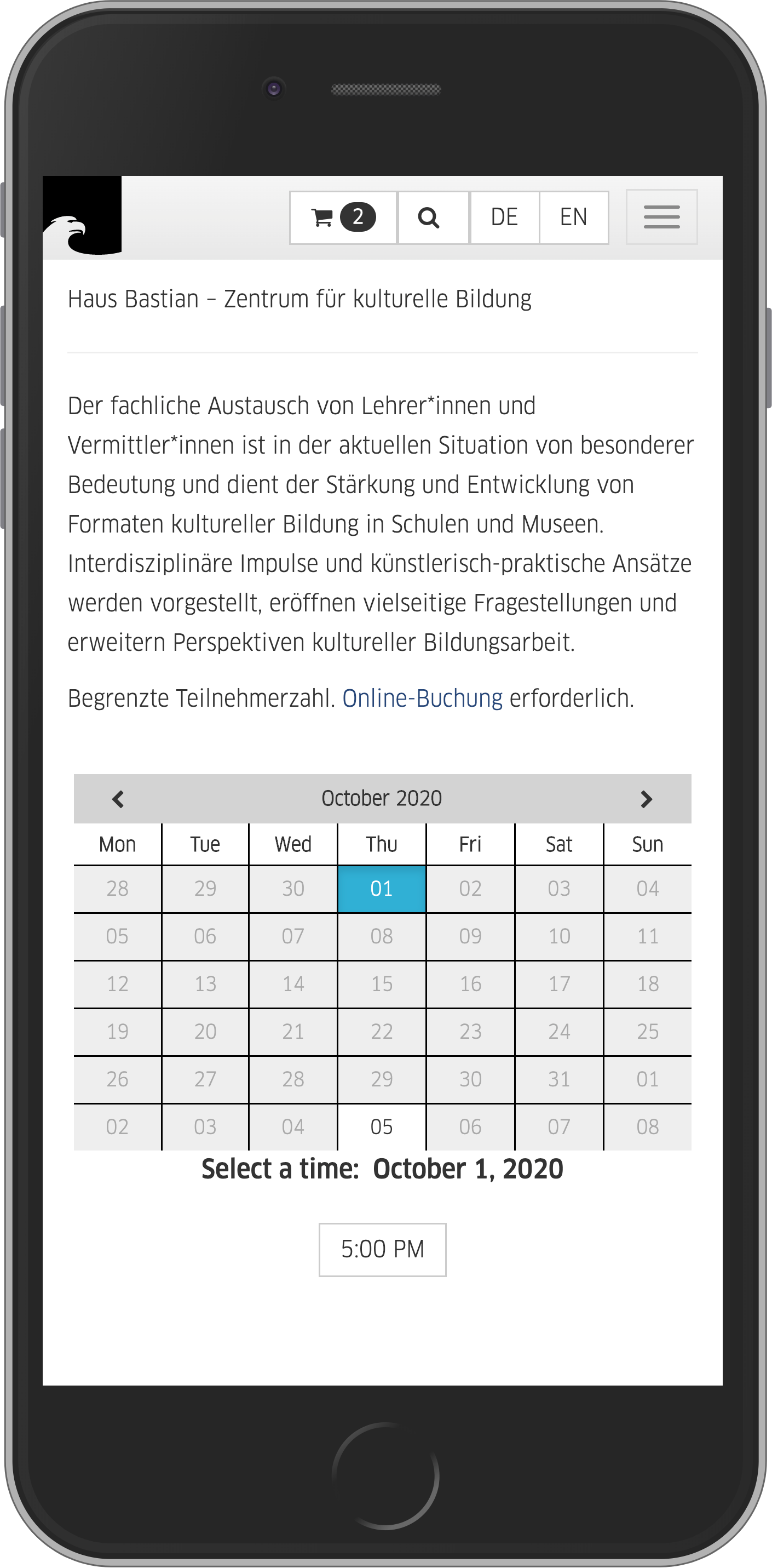 Mobile view of event details and date selection in event booking process in online shop of Staatliche Museen zu Berlin (Berlin State Museums)