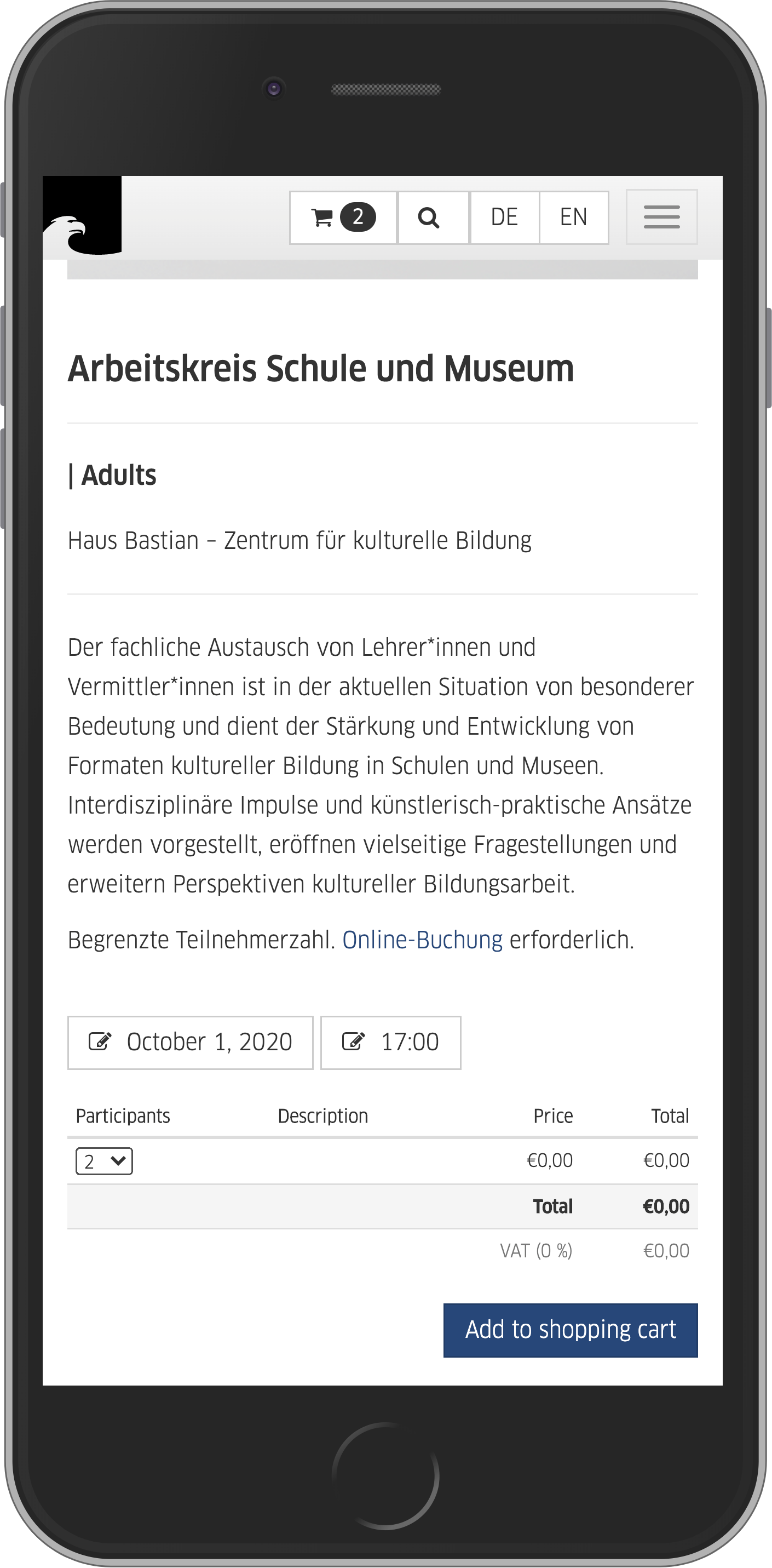 Mobile view of event details and seat/ticket selection in event booking process in online shop of Staatliche Museen zu Berlin (Berlin State Museums)
