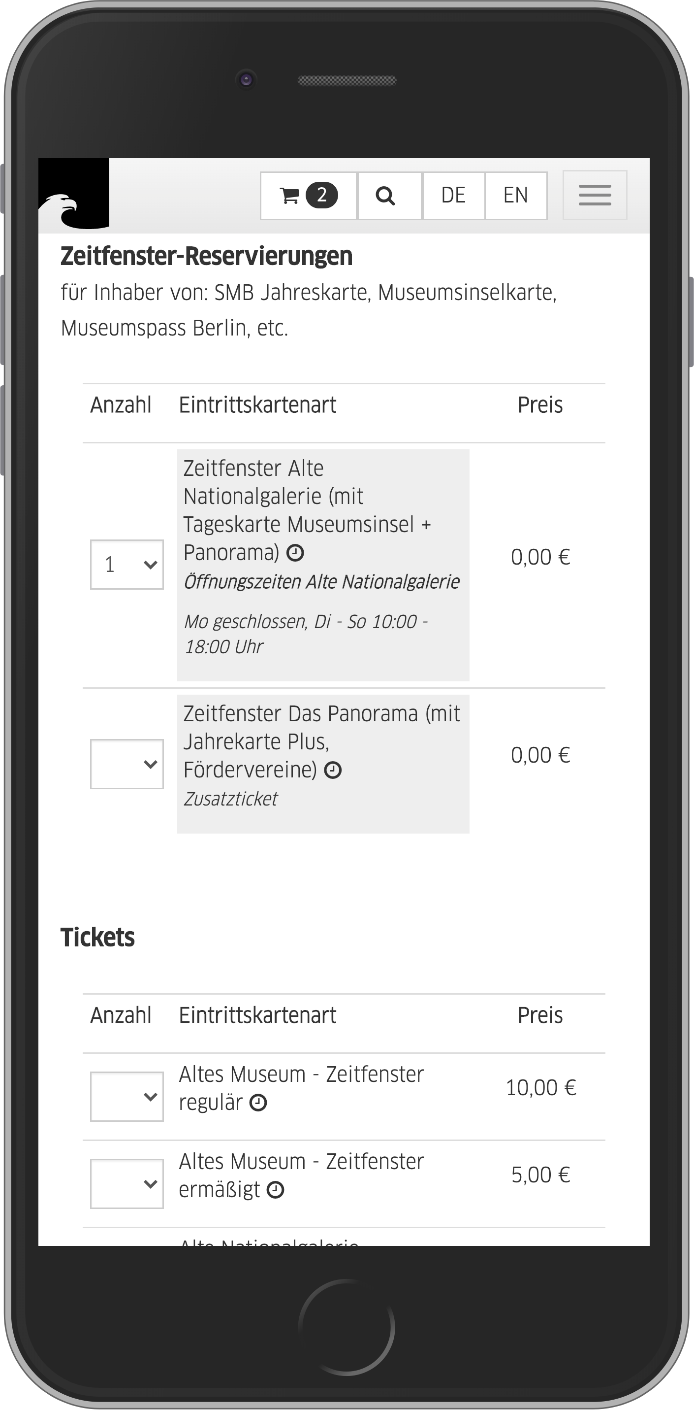 Mobile Ansicht der Ticketauswahl im Online-Shop der Staatlichen Museen zu Berlin