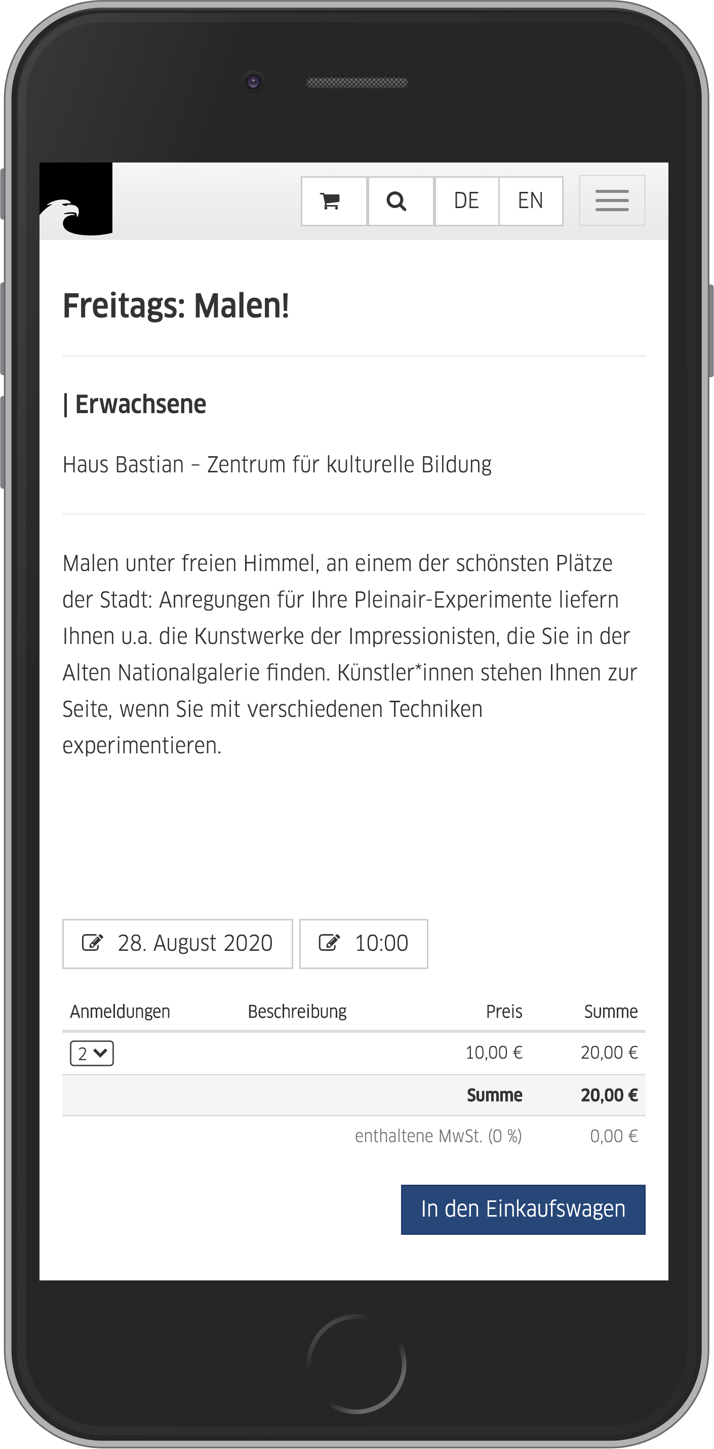 Mobile Ansicht der Auswahl der Plätze je Preiskategorie im Kaufprozesses für Veranstaltungen im Online-Shop der Staatlichen Museen zu Berlin