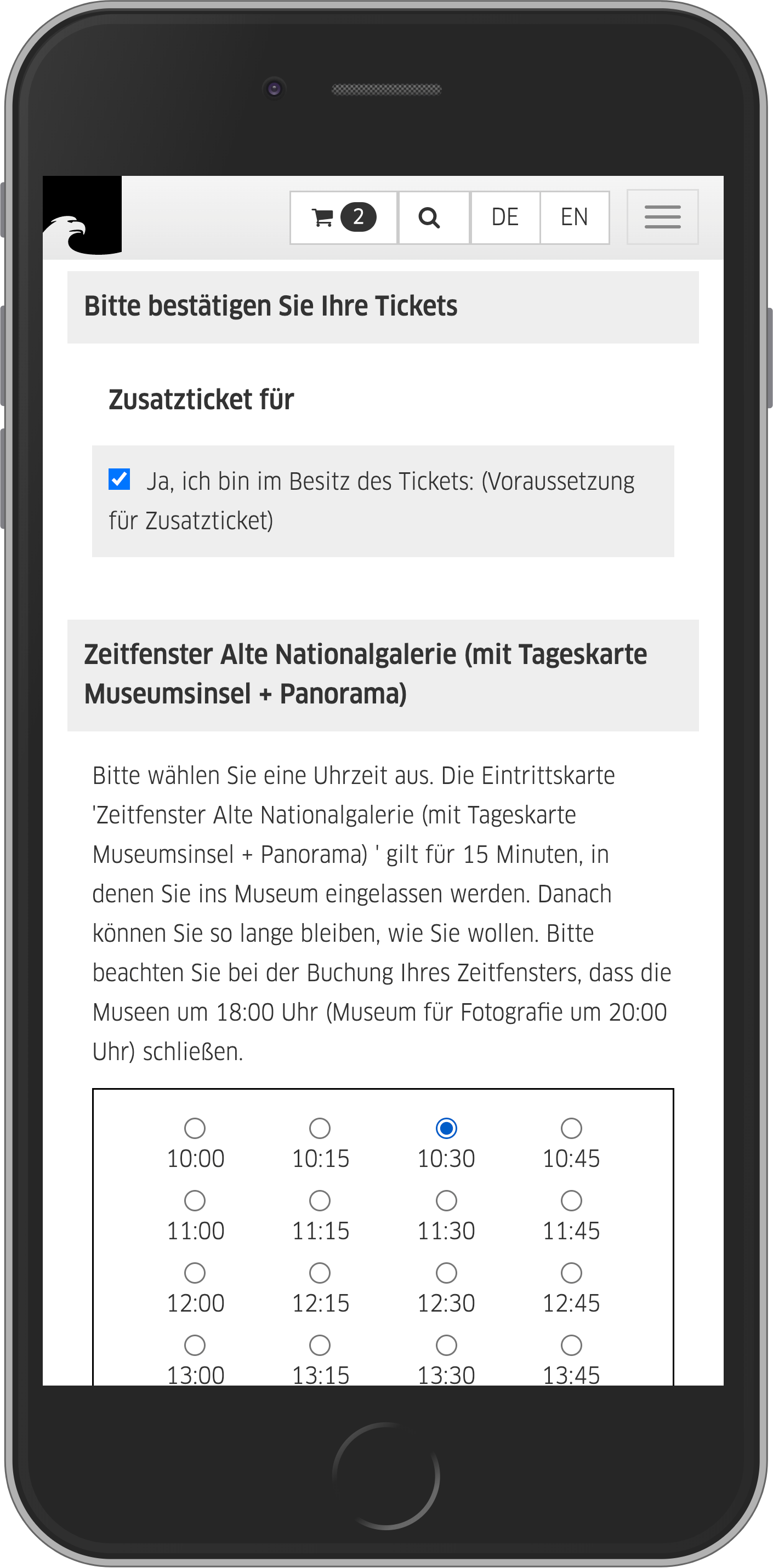 Mobile Ansicht von Berechtigungsnachweis und Zeitfensterauswahl im Online-Shop der Staatlichen Museen zu Berlin