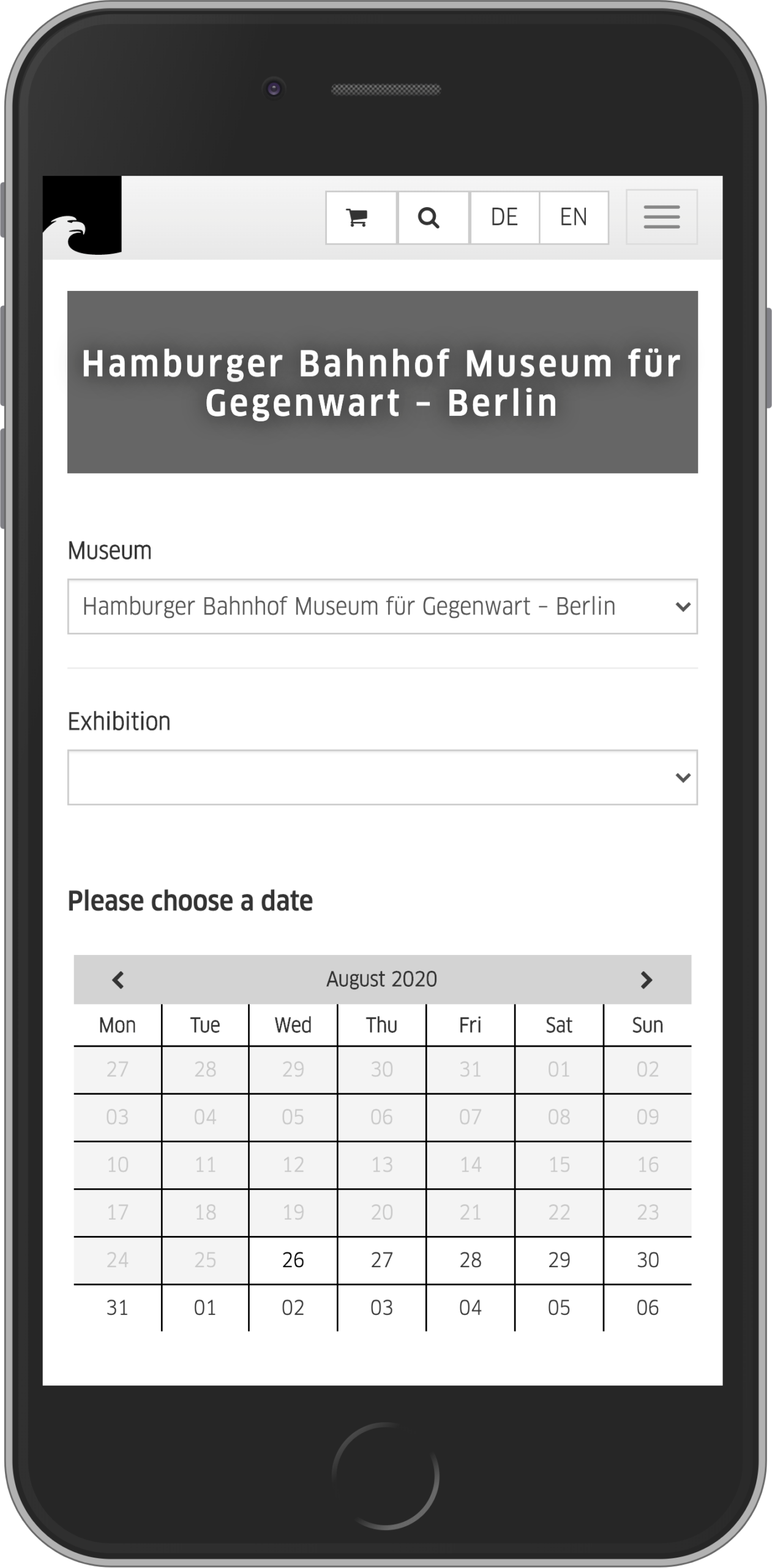 Mobile view of date selection in buying process for time slot tickets in online shop of Staatliche Museen zu Berlin (Berlin State Museums)
