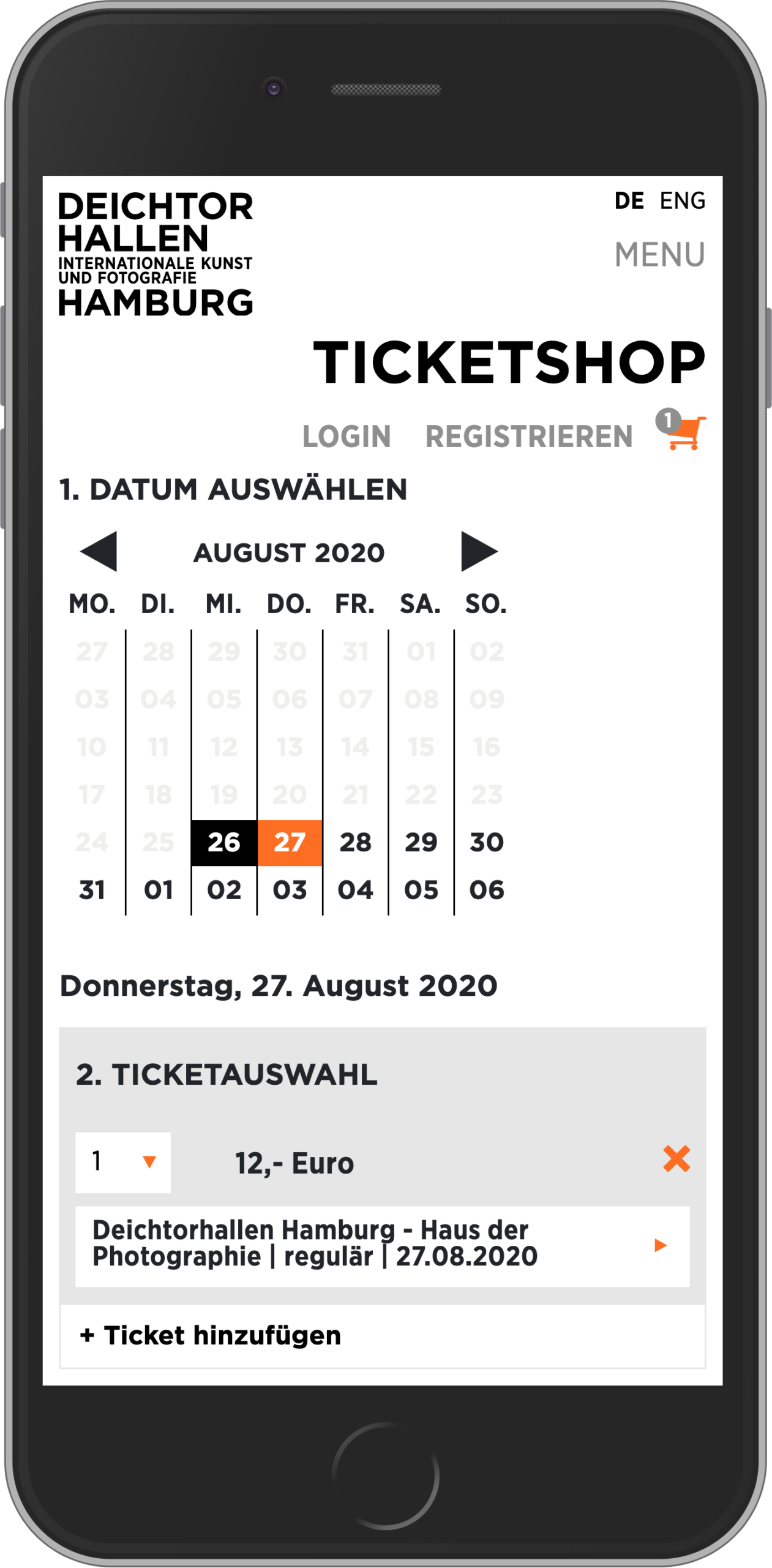 Mobile Ansicht des One-Pager Ticketkaufprozess im Online-Shop der Deichtorhallen Hamburg