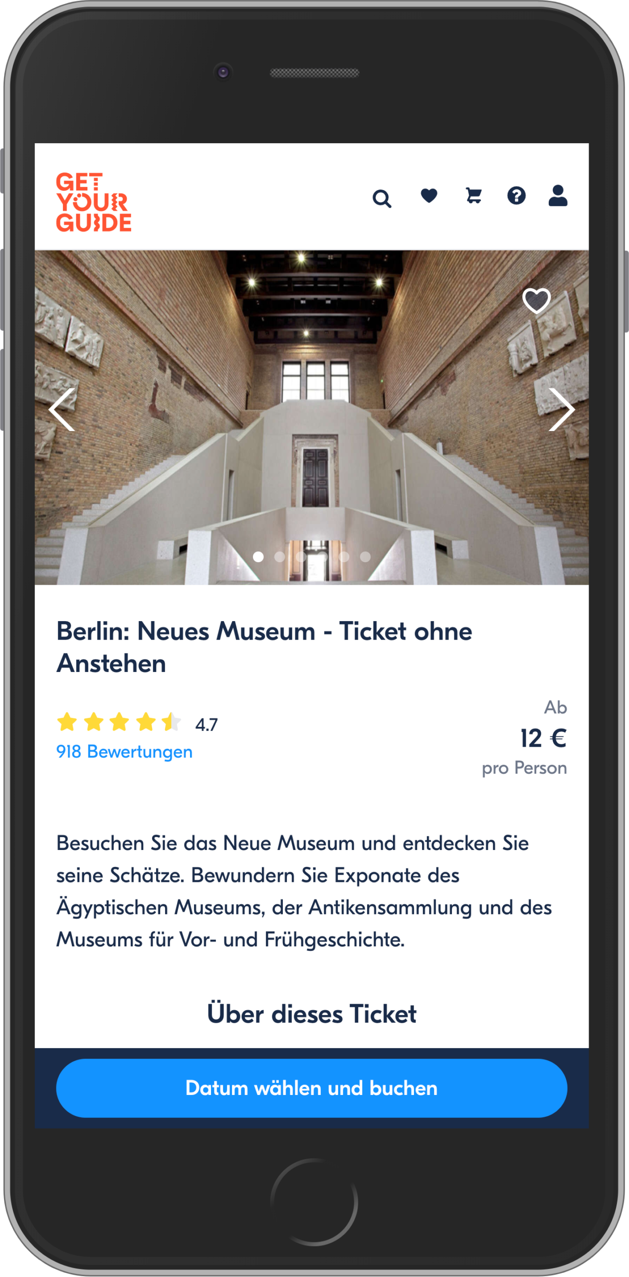 Mobile Ansicht der Anbindung via go~mus + api an GetyourGuide für den Ticketkauf im Neuen Museum Berlin