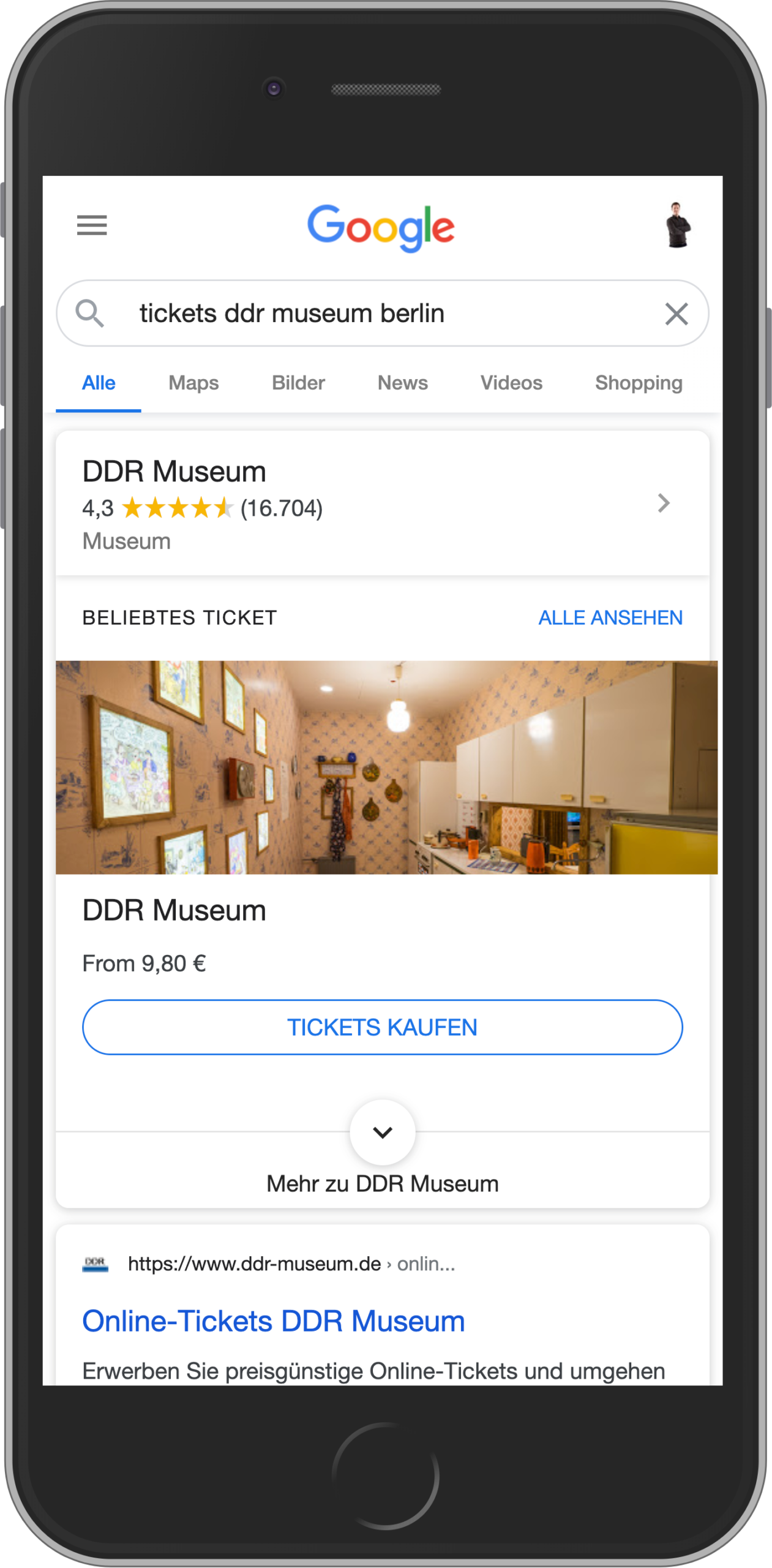 Mobile Ansicht der Anbindung via go~mus + api an Google Reserve für den Ticketkauf im DDR Museum Berlin
