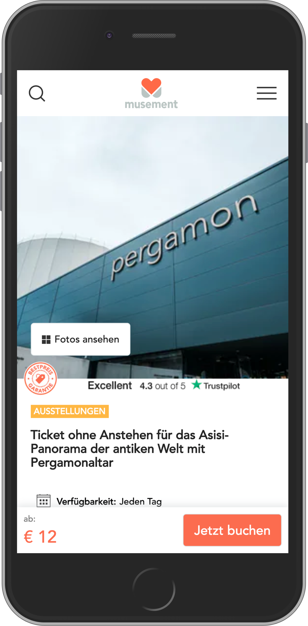 Mobile Ansicht der Anbindung via go~mus + api an Musement zum Ticketkauf im Asisi Panorama Berlin