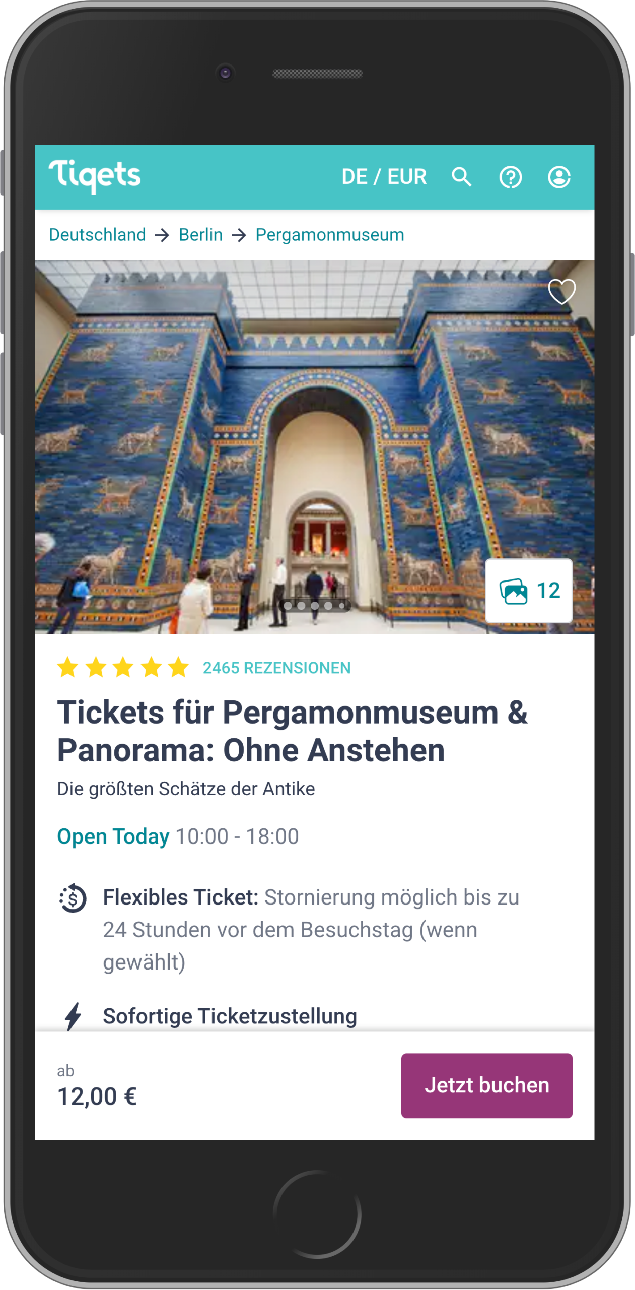 Mobile Ansicht der Anbindung via go~mus + api an Tiqets für den Ticketkauf im Pergamonmuseum Berlin