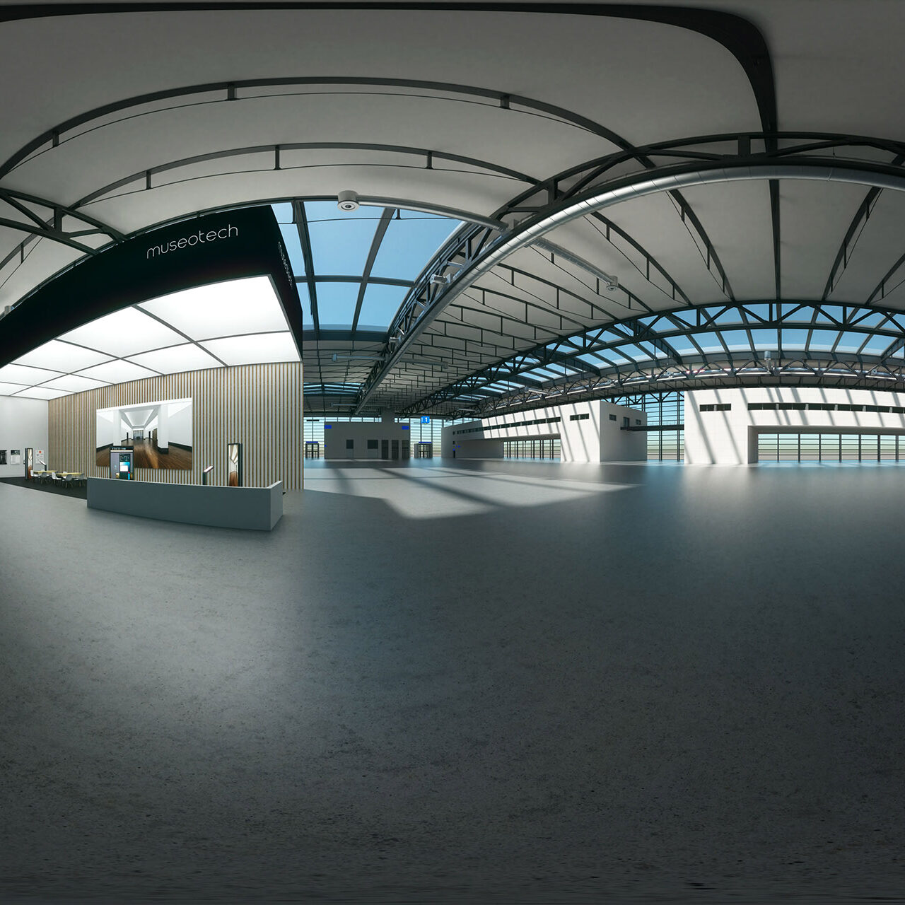 Weitwinkelaufnahme der virtuellen Messehalle der Museo Tech 2020