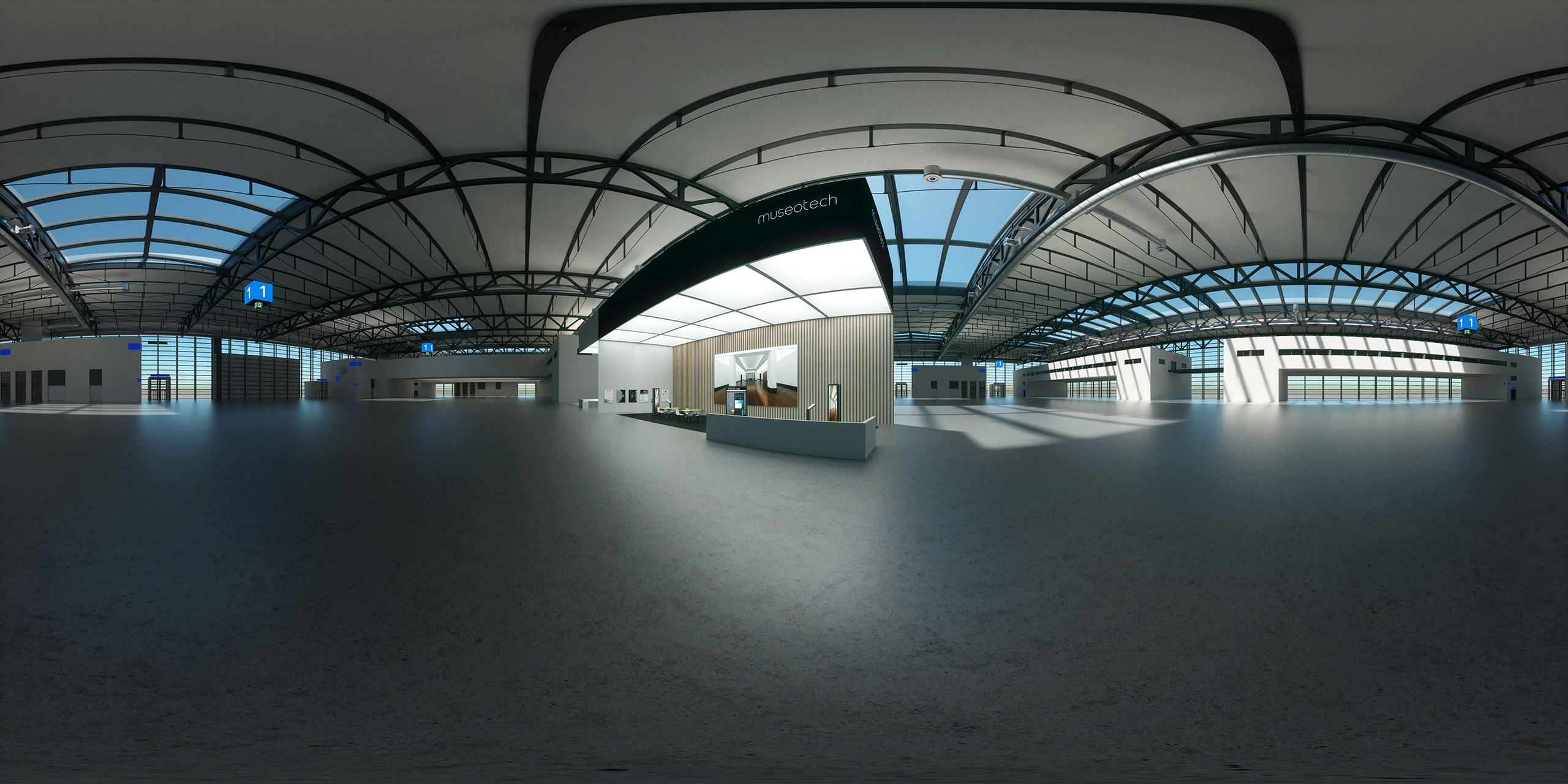 Weitwinkelaufnahme der virtuellen Messehalle der Museo Tech 2020