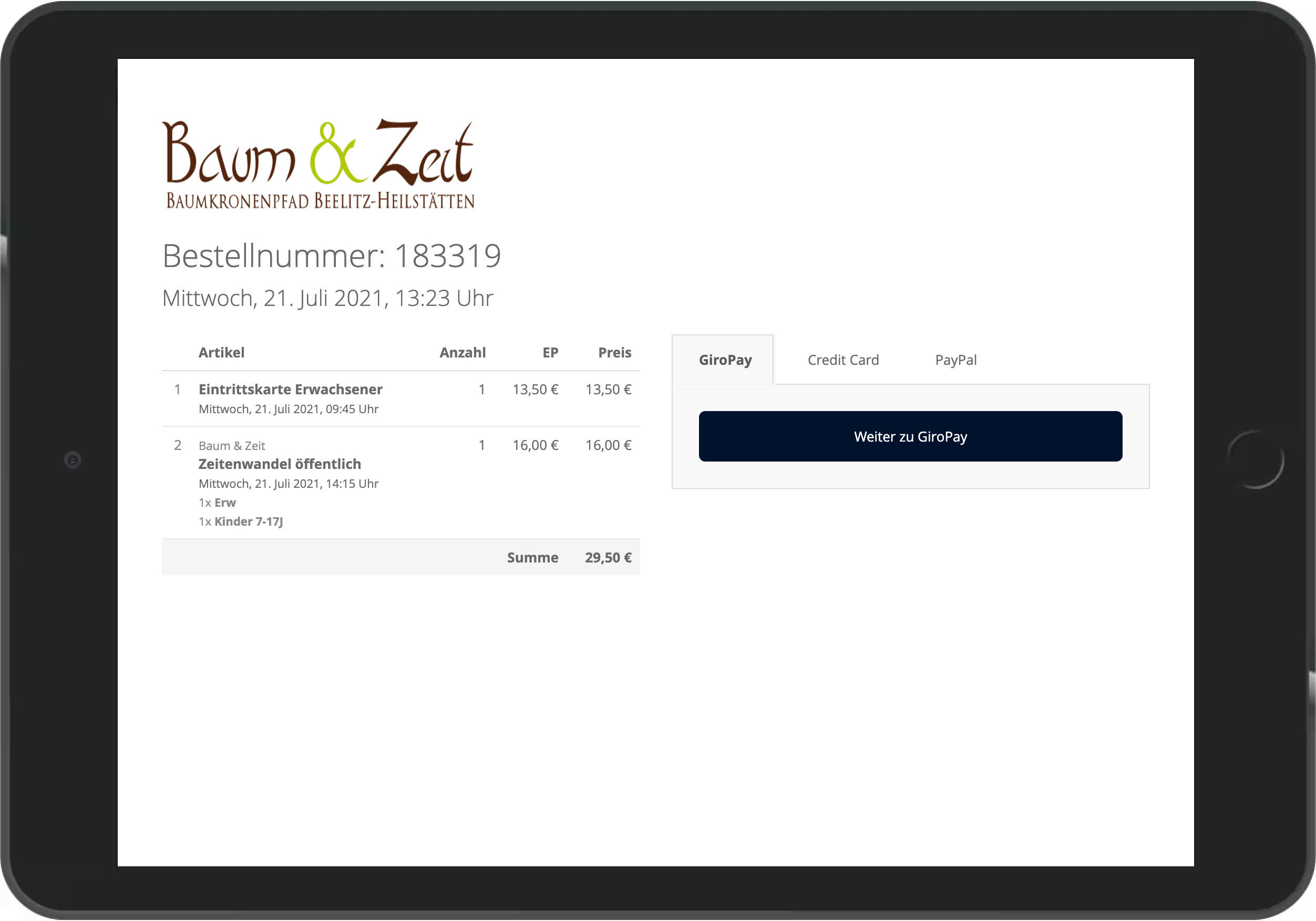 Screenshot der Bezahlung im Online Shop von Baum & Zeit
