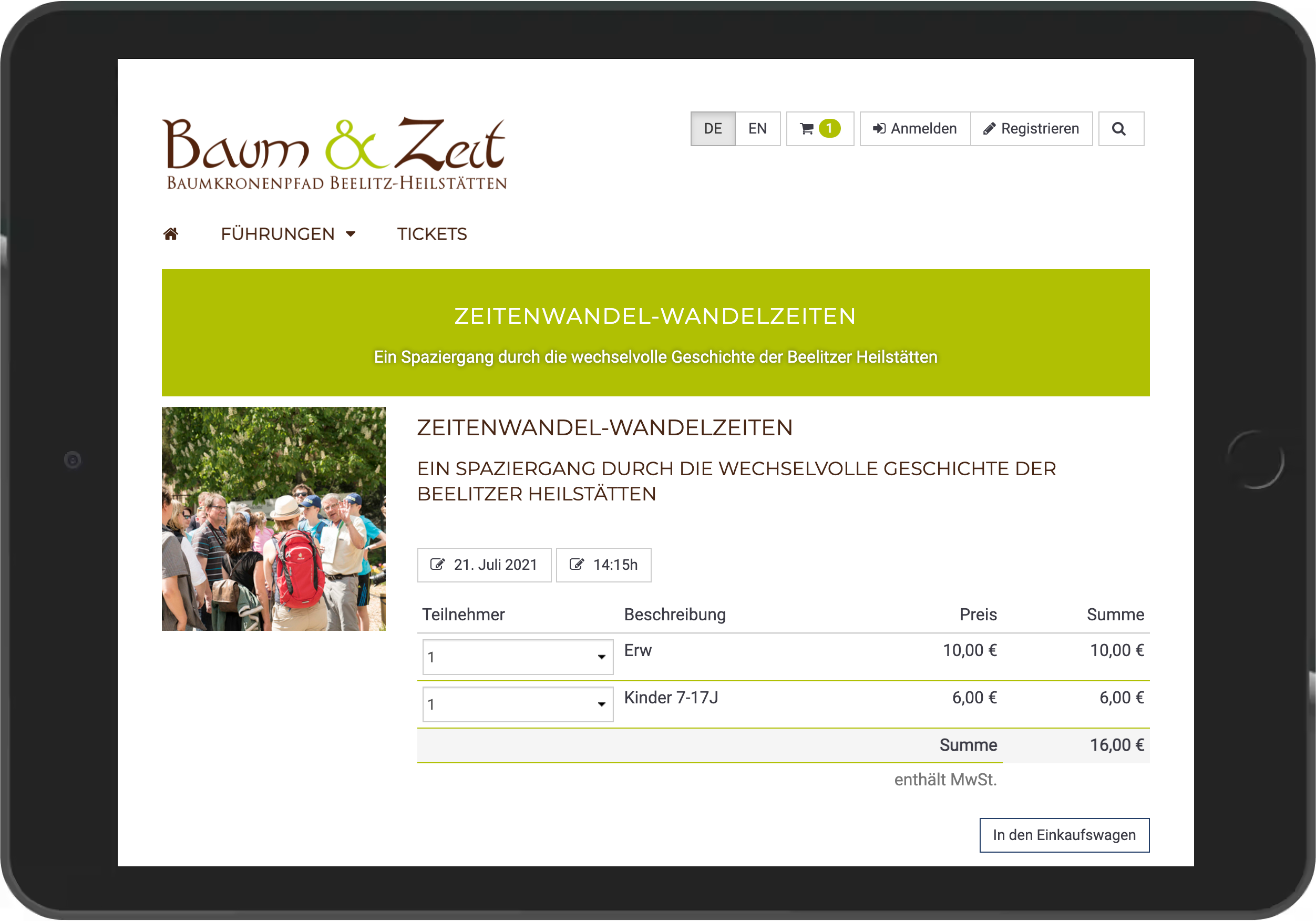 Screenshot der Veranstaltungsbuchung im Online Shop von Baum & Zeit