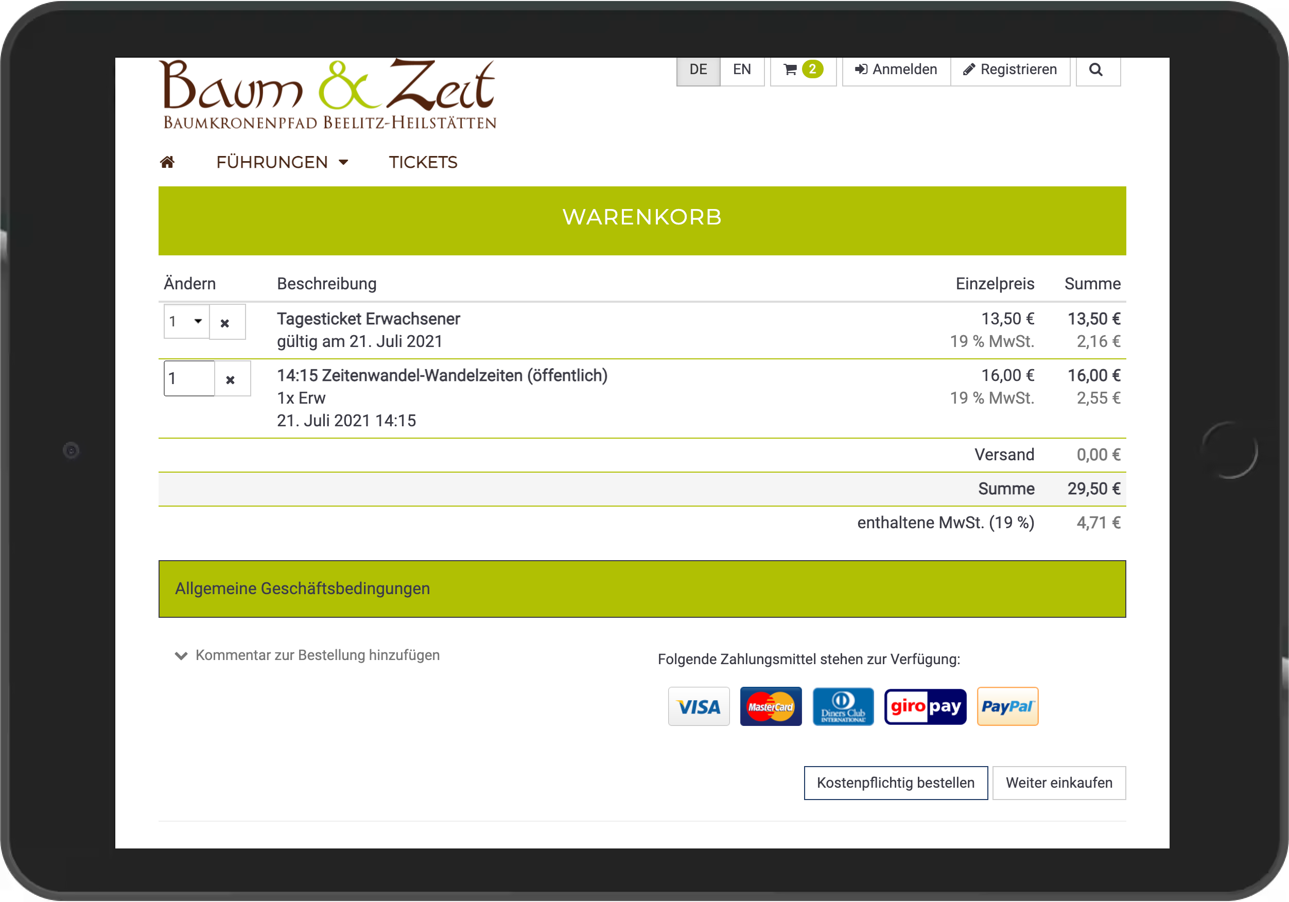 Screenshot des Warenkorb im Online Shop von Baum & Zeit