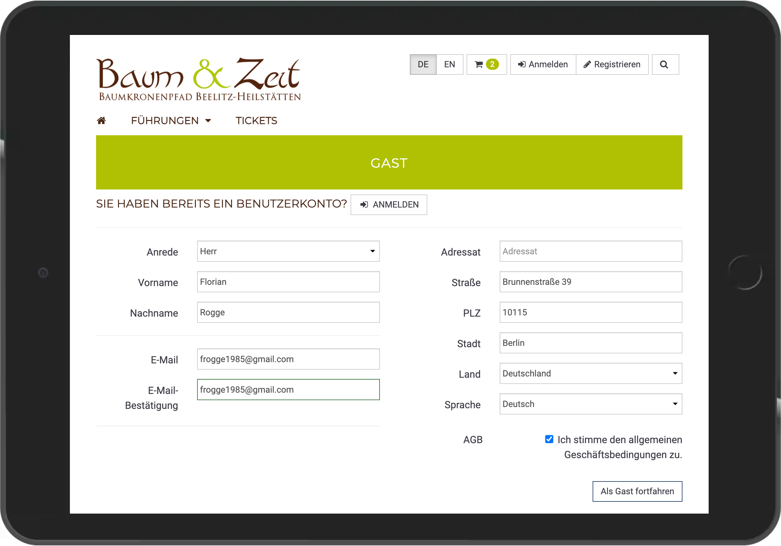Screenshot des Gast-Checkout im Online Shop von Baum & Zeit