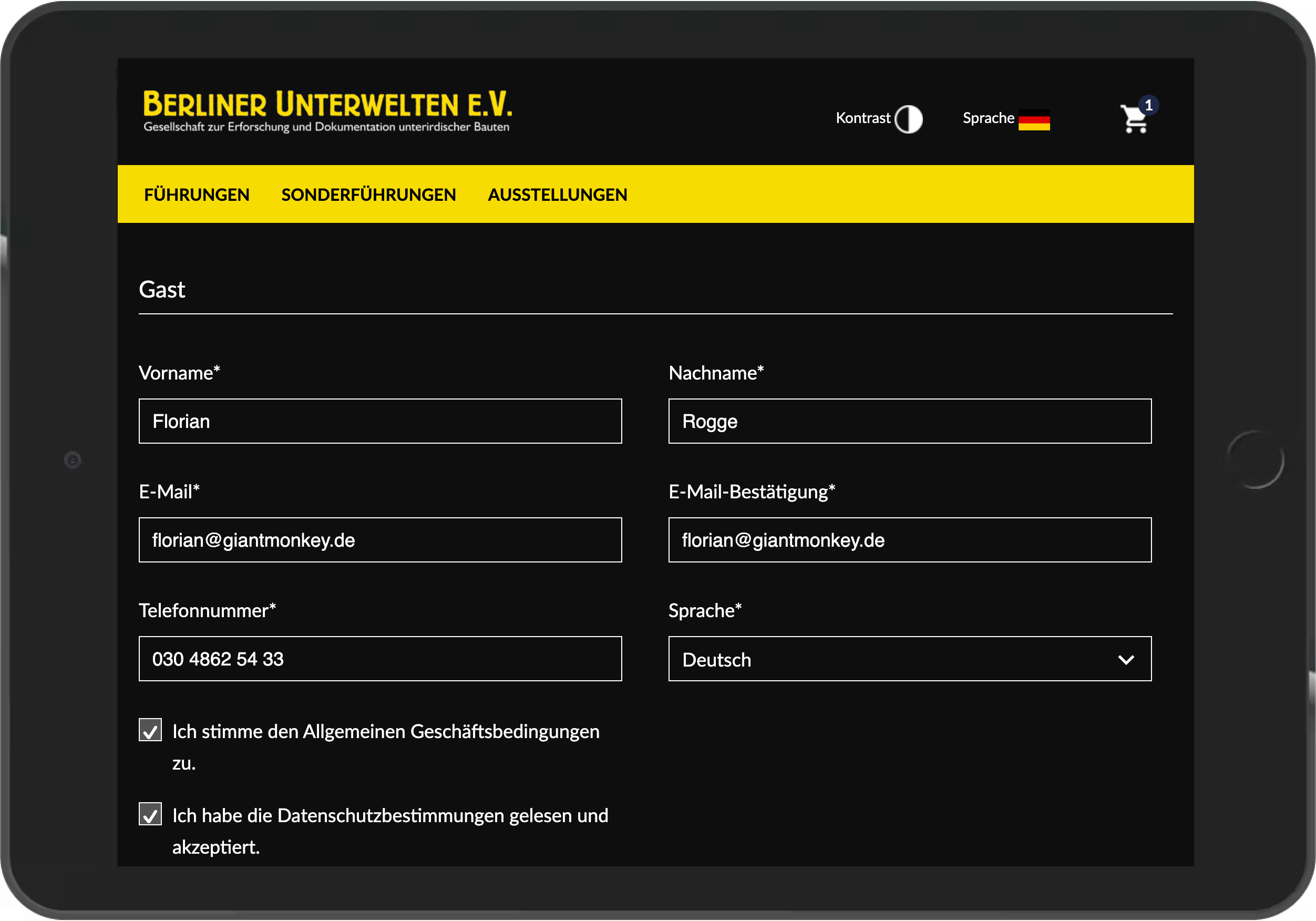 Screenshot des Gast-Checkout des Online Shops der Berliner Unterwelten