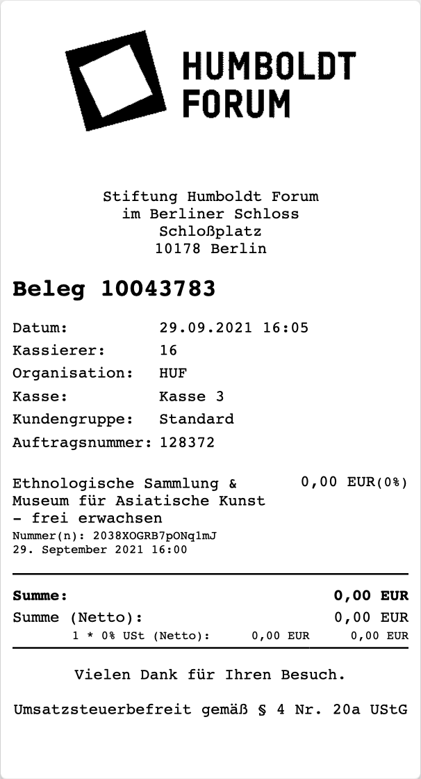 Beispielhafter Kassenbon für Ticketverkauf im Humboldt Forum Berlin