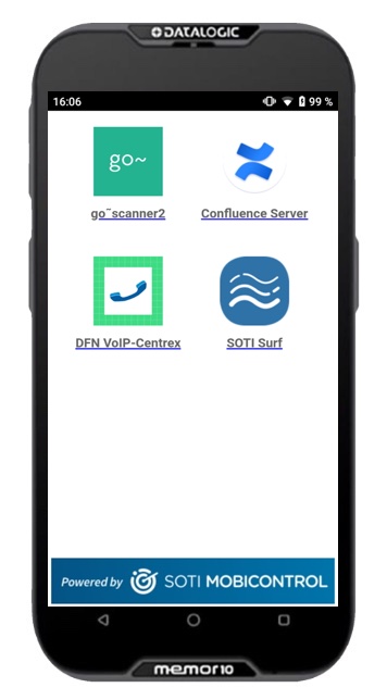 Anzeige der App-Übersicht auf Industriescanner Datalogic Memor 10 im Kiosk-Modus des Flottenmanagements mit Zugriff auf Scan-App, Wissensbasis, Browser und Kommunikationstool.