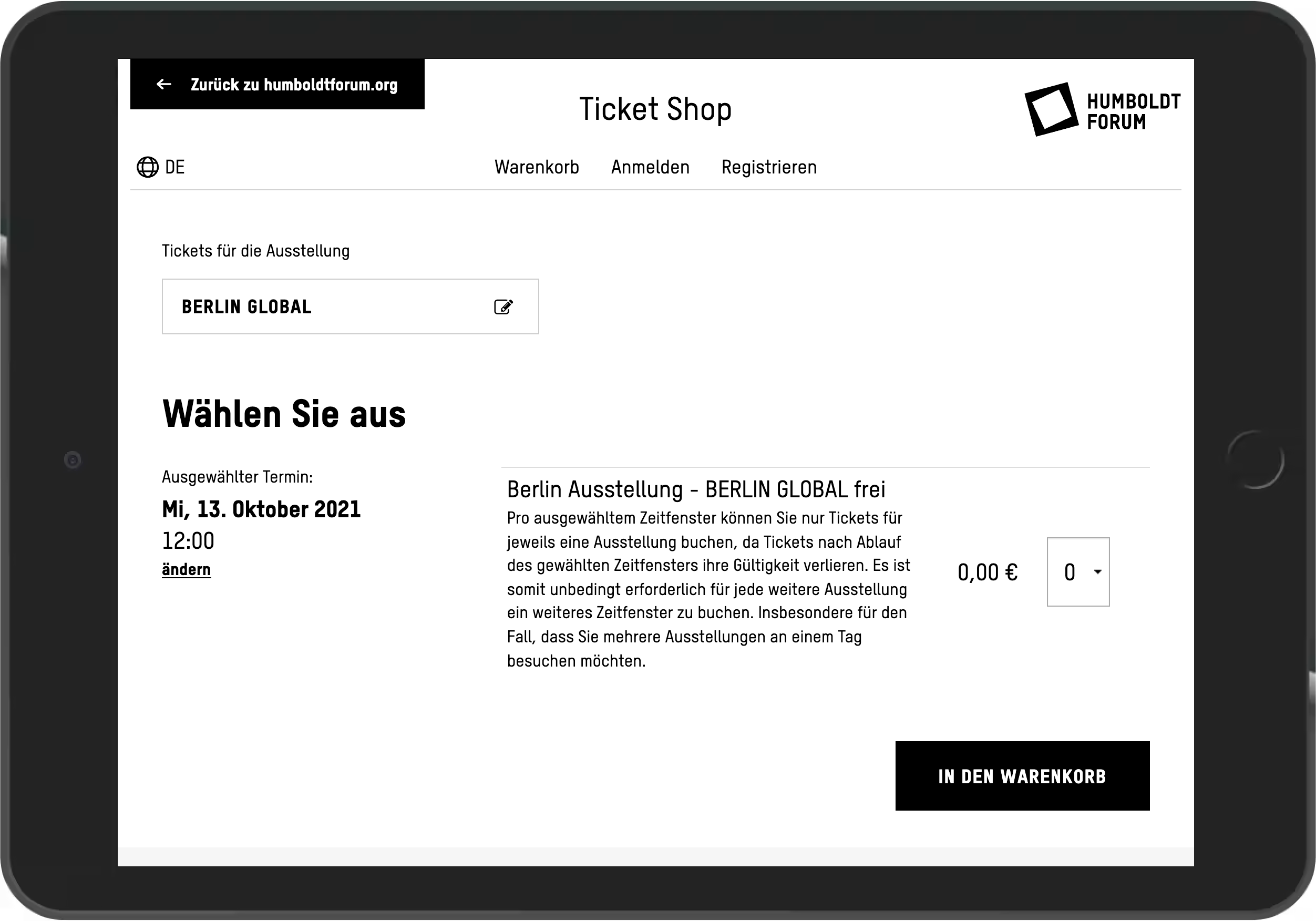 Auswahl des Tickets für eine bestimmte Ausstellung im Online-Shop des Humboldt-Forum Berlin