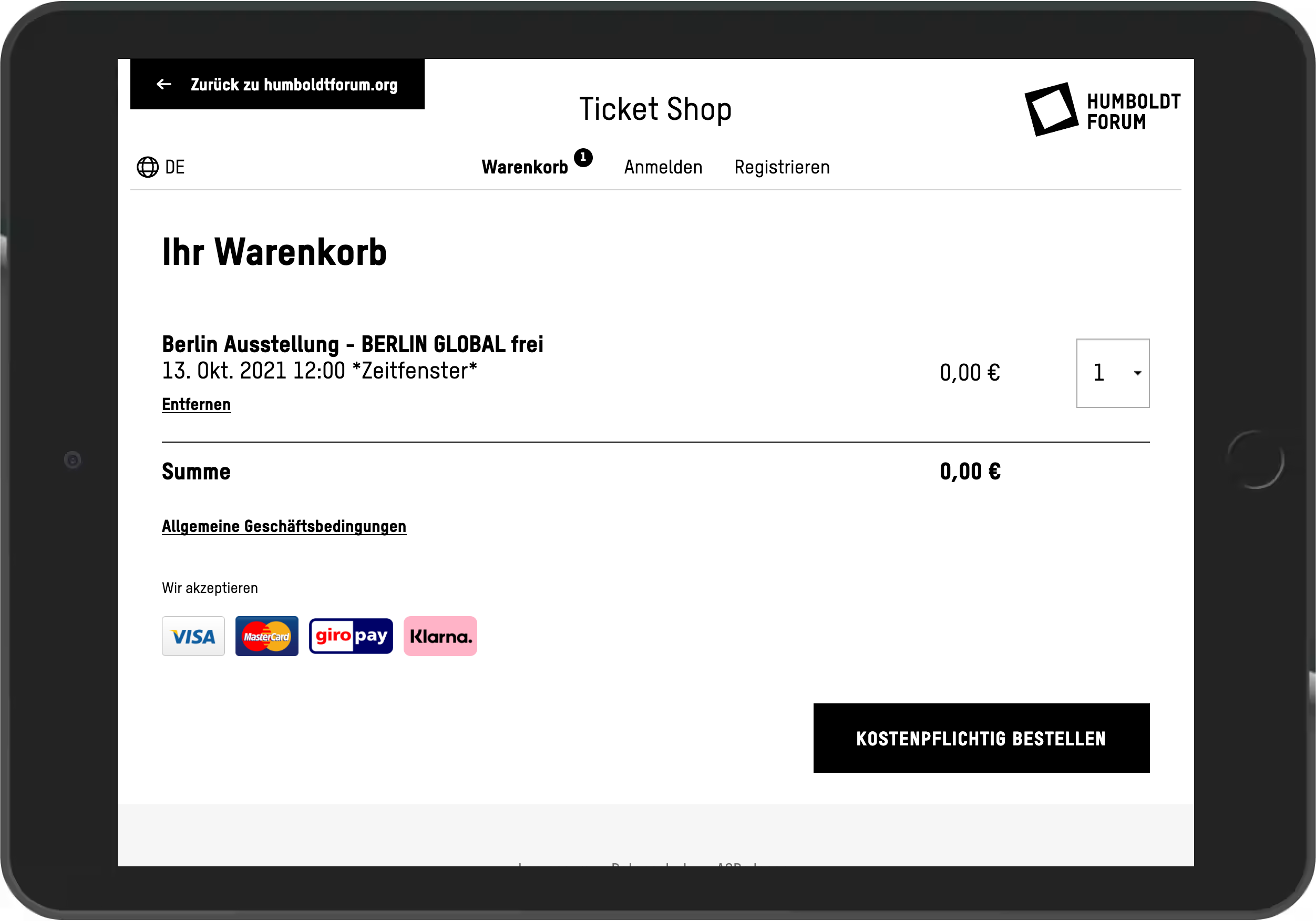 Screenshot des Warenkorb Online Shop Humboldt Forum Berlin