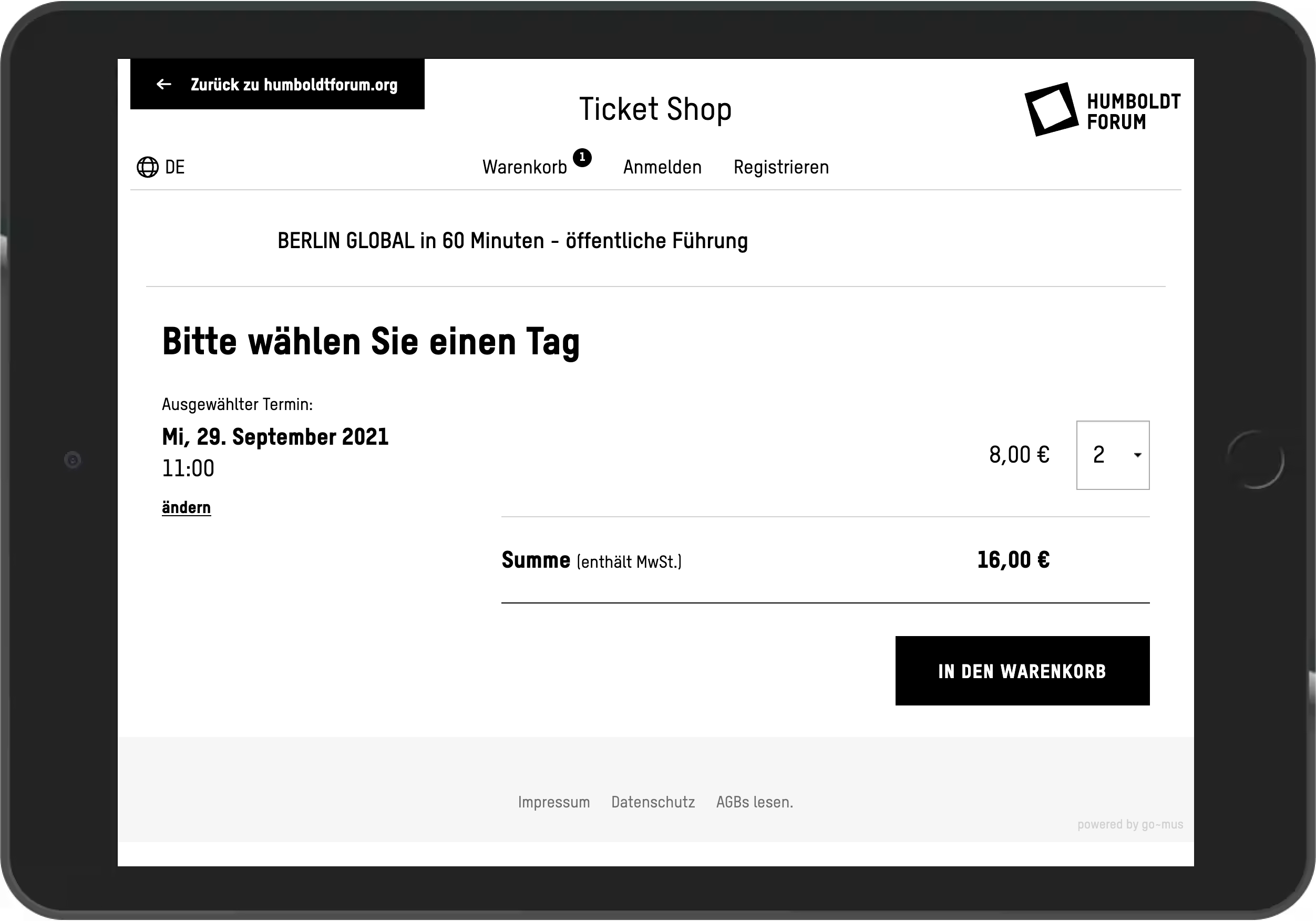 Screenshot derBuchung einer öffentlichen Führung im Online-Shop des Humboldt-Forum Berlin