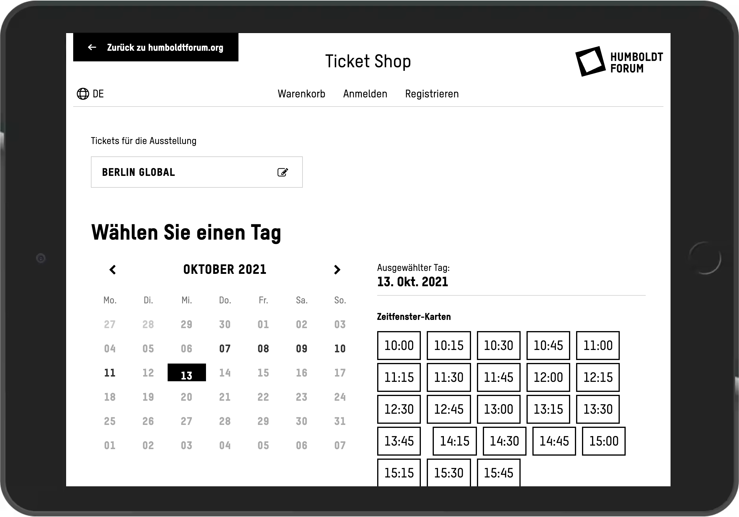 Auswahl des Zeitfensters für die Buchung eines Tickets für das Humboldt Forum Berlin
