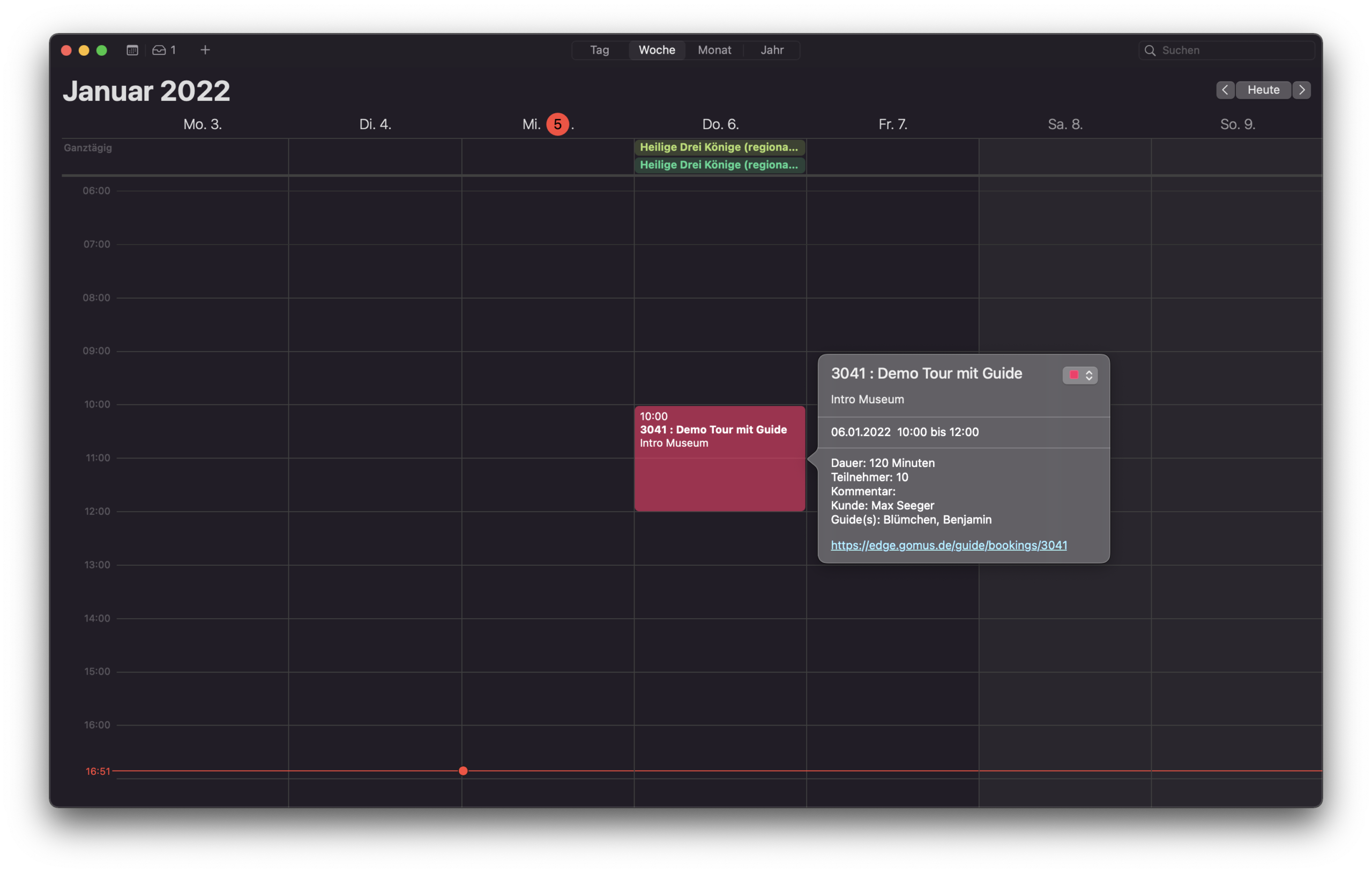 Screenshot eines Kalenders mit abonnierter Guide-Buchung