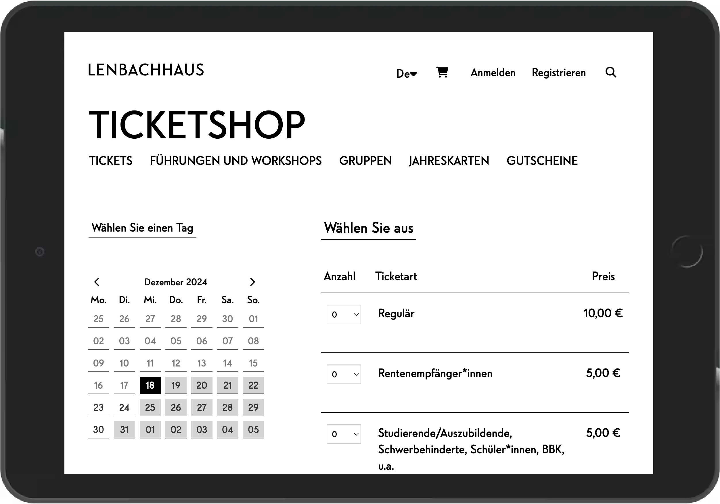 Screenshot des Tagesticketverkaufs im Online-Shop des Lenbachhaus München