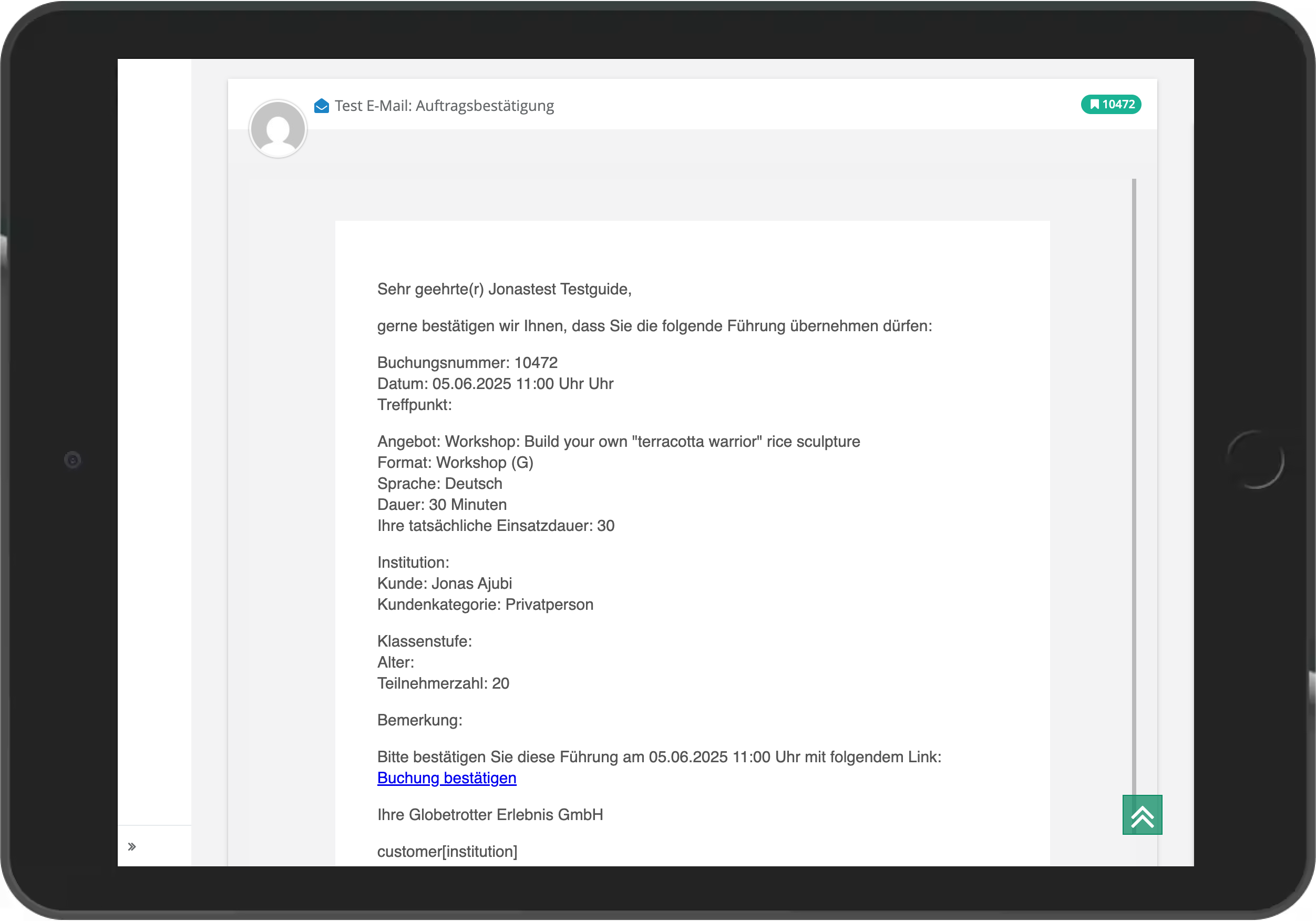 iPad-Screenshot der Detailansicht einer von go~mus versandten Mail direkt im go~mus Backend