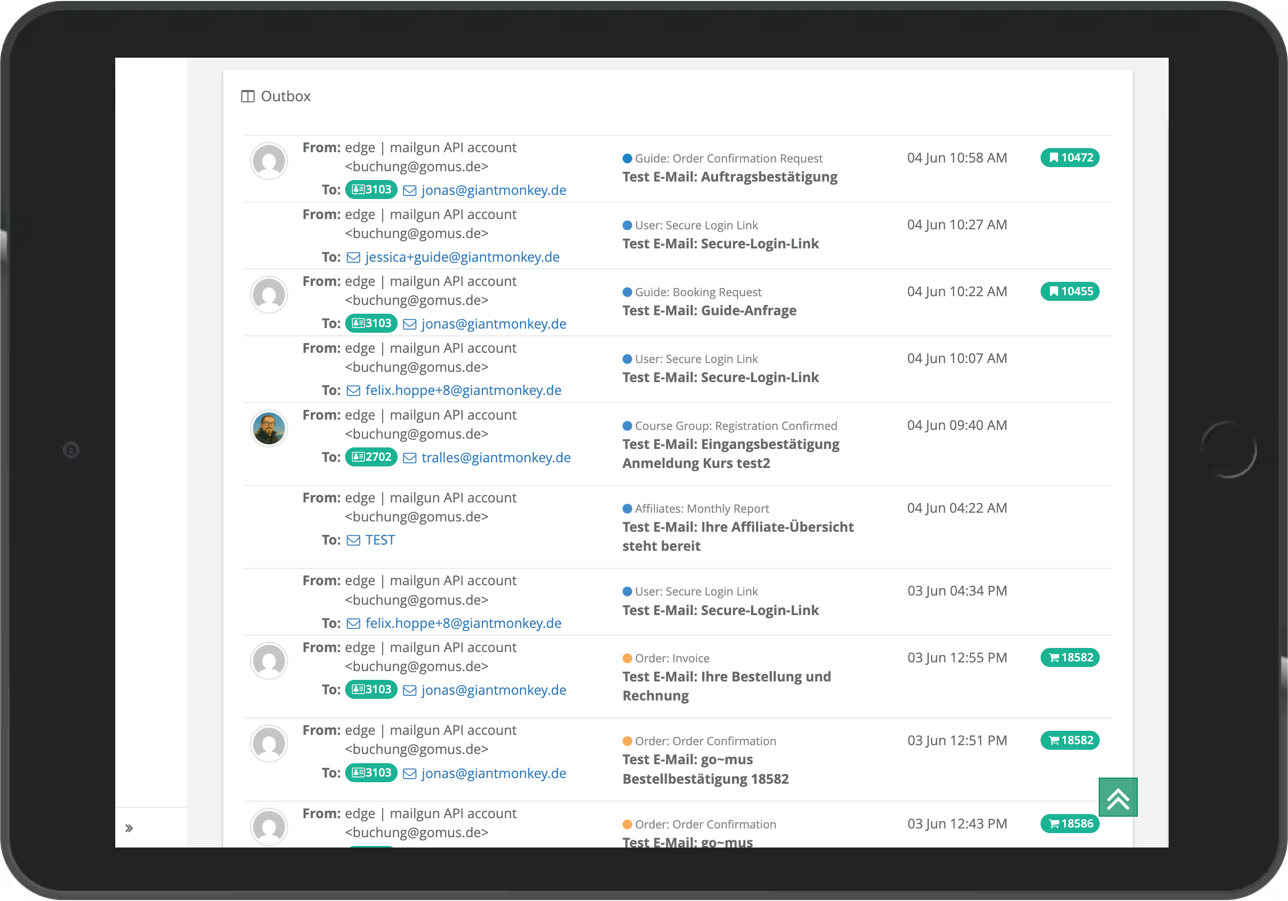 iPad-Screenshot of the list view of sent emails in the go~mus backend
