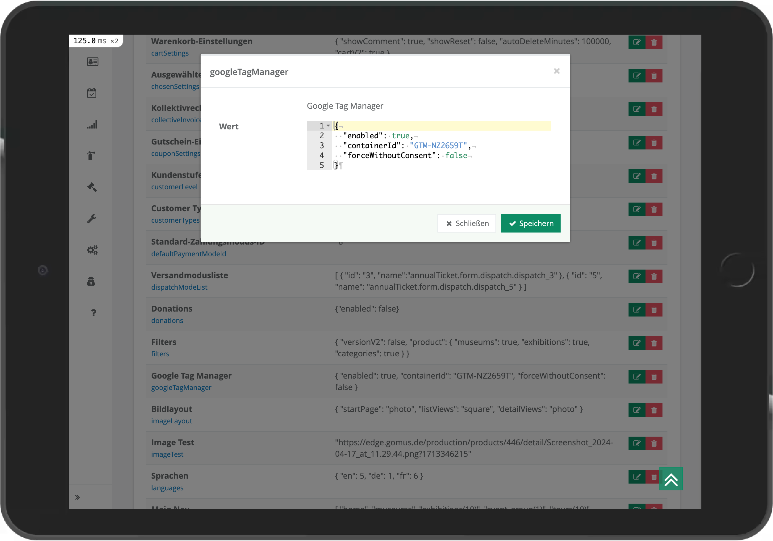 iPad-Screenshot der Anbindung von Google Tag Manager über die Eintragung der ContainerID im Backend