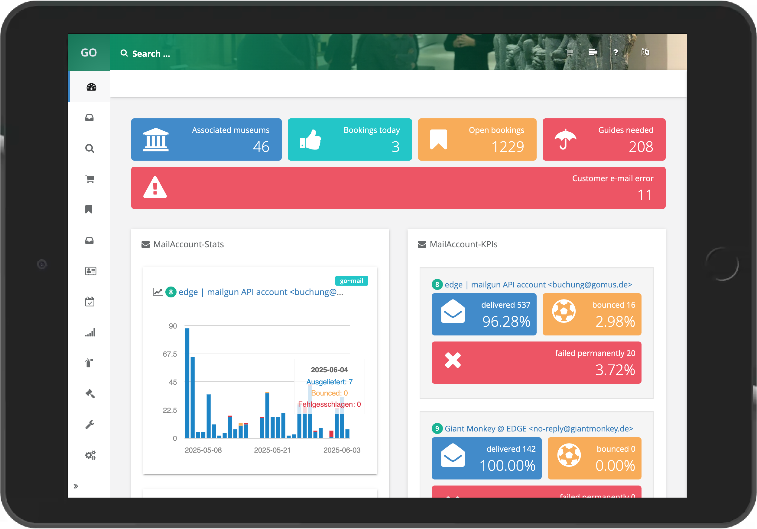 iPad-Screenshot of the go~mus Dashboard with go~mail Widgets