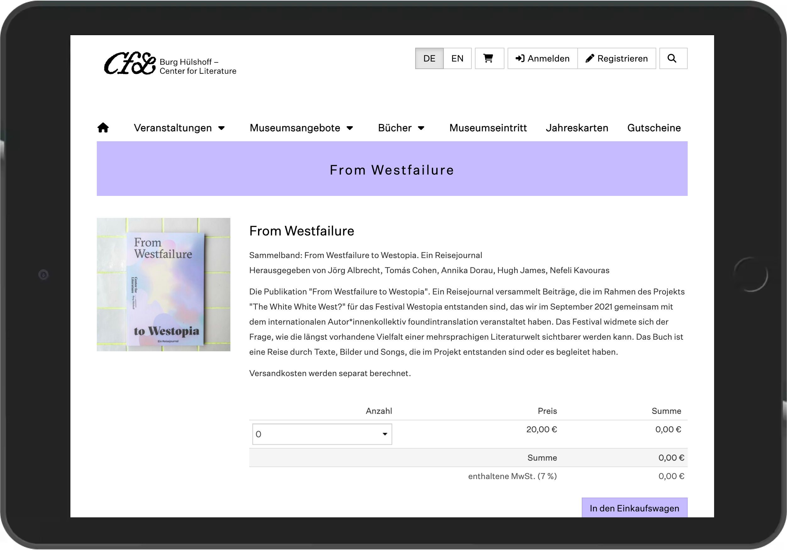 iPad Screenshot des Katalogverkauf im Online-Shop der Burg-Hülshoff