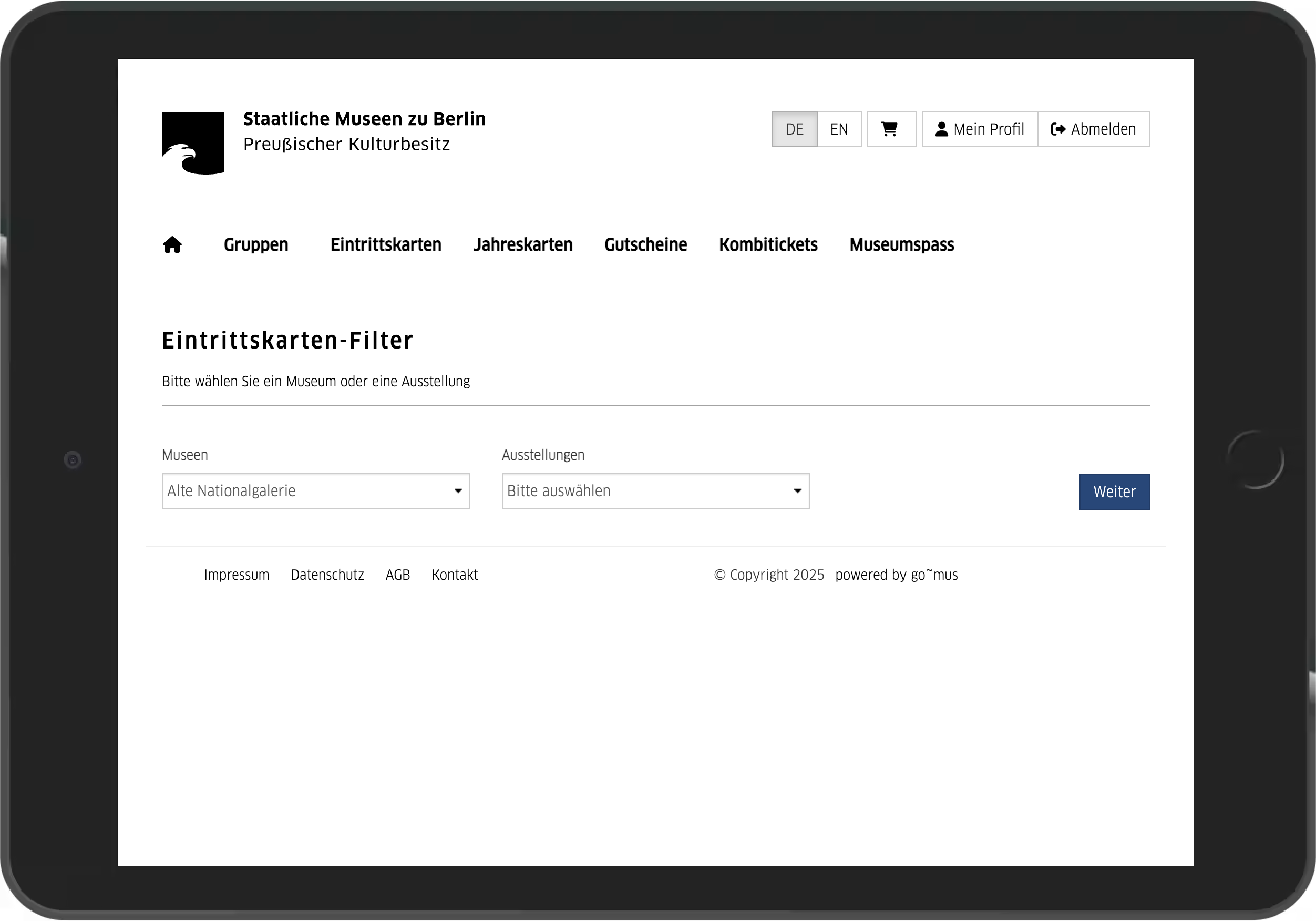 iPad-Screenshot der Filter für Museen und Ausstellungen im Online-Shop der Staatlichen Museen zu Berlin