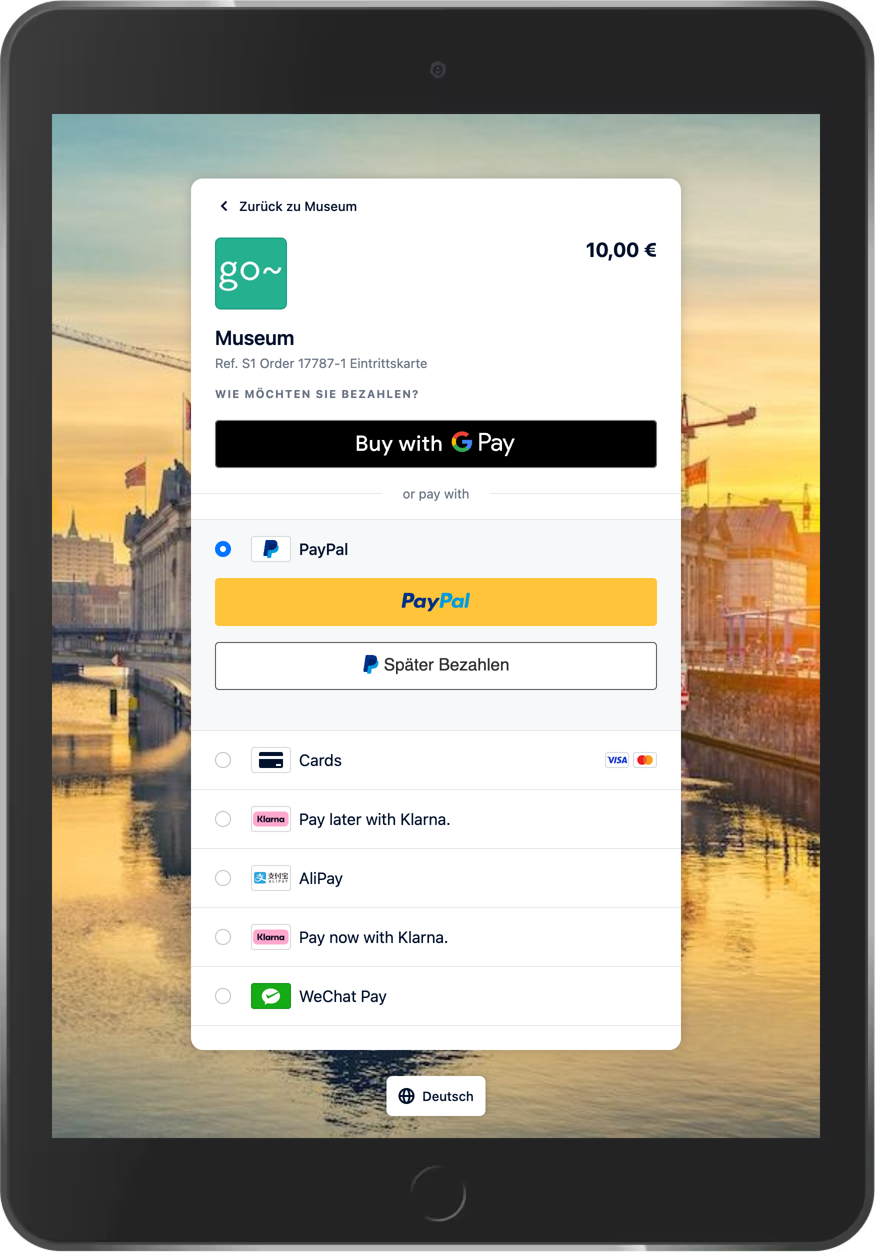 iPad-Screenshot of the Payment interface for the online-shop